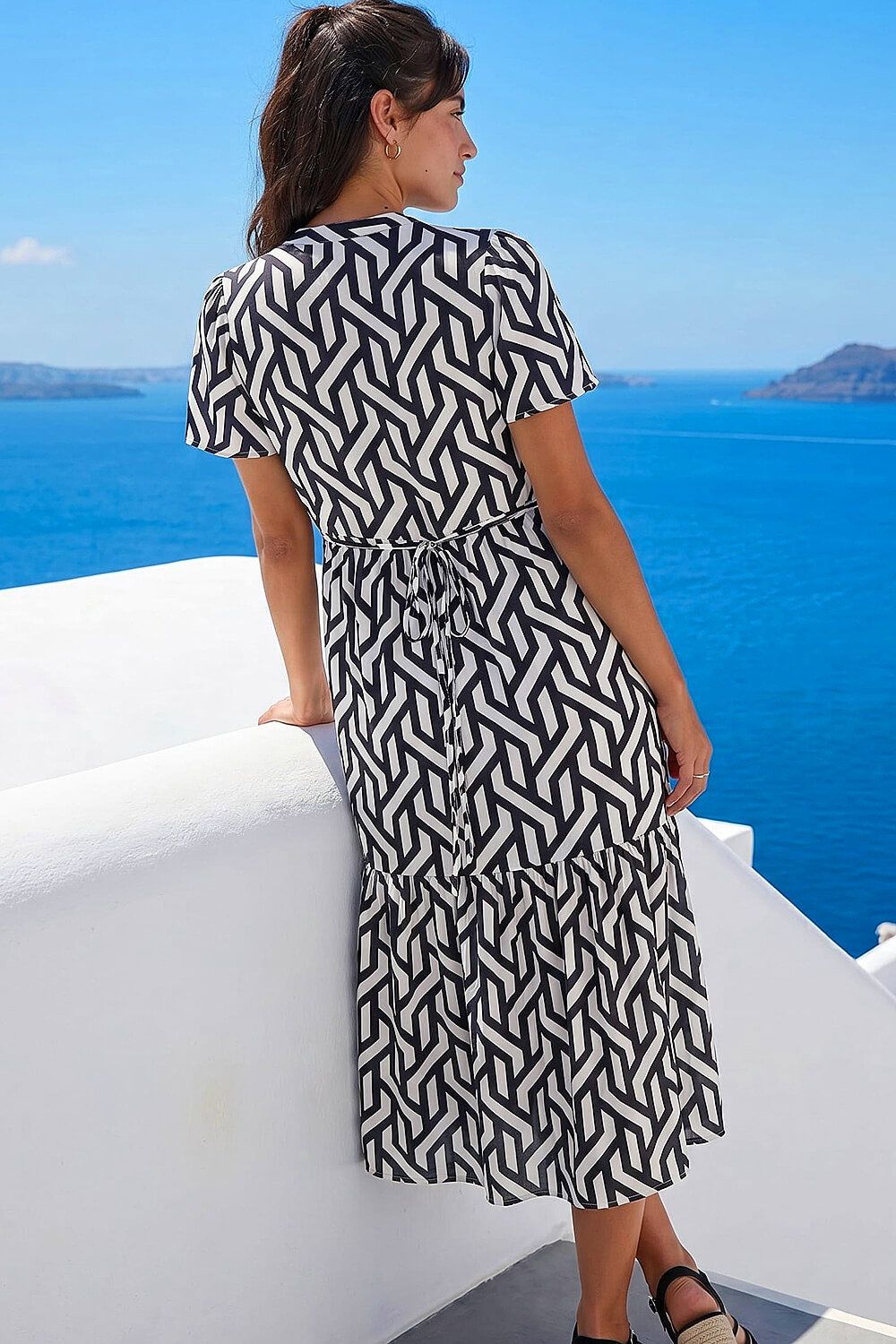Roman Geometric Print Tiered Midi Dress