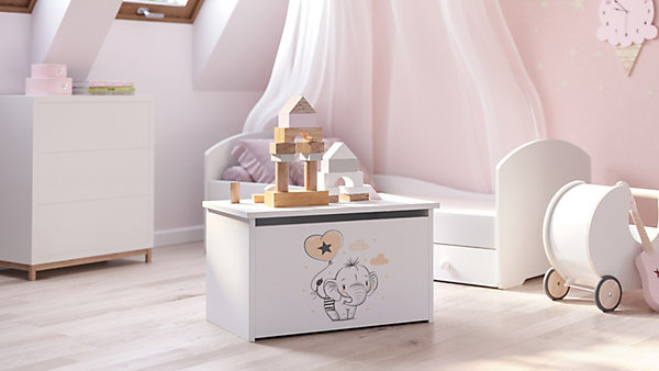 Coffre à jouets Daria blanc imprimé Eléphant pour la chambre d'enfant