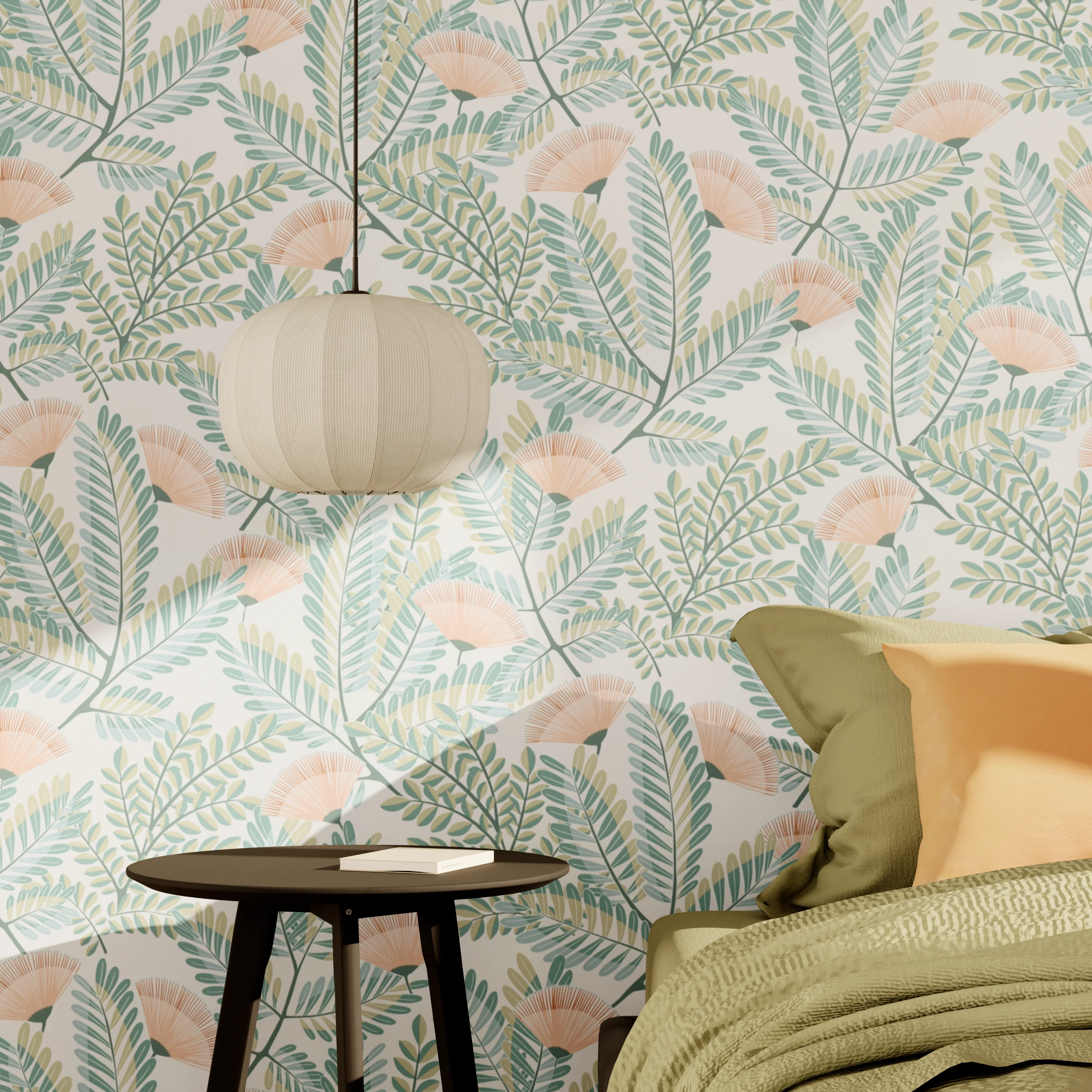 Papier peint intissé CECILIA vert céladon et rose pâle