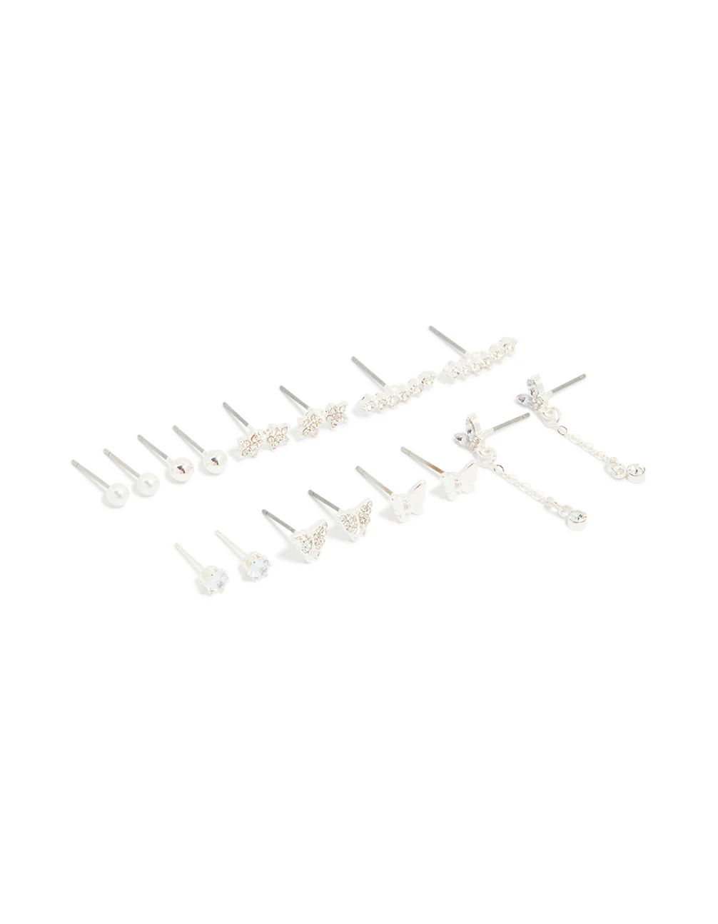 Silver Diamante Butterfly Chain & Ball Stud Earrings 8-Pack