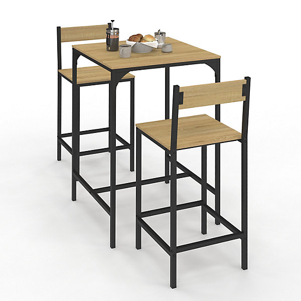 Ensemble table de bar carrée DETROIT 60 cm et 2 chaises de bar design industriel