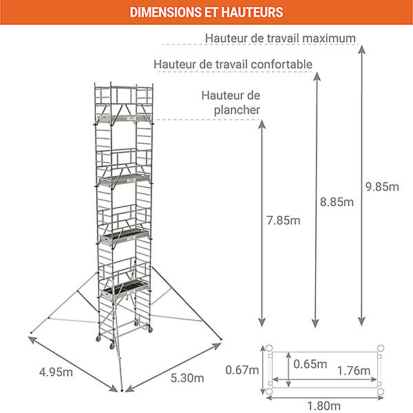 Echafaudage roulant 4 plateaux - Hauteur de travail max 9.85m - 26403680