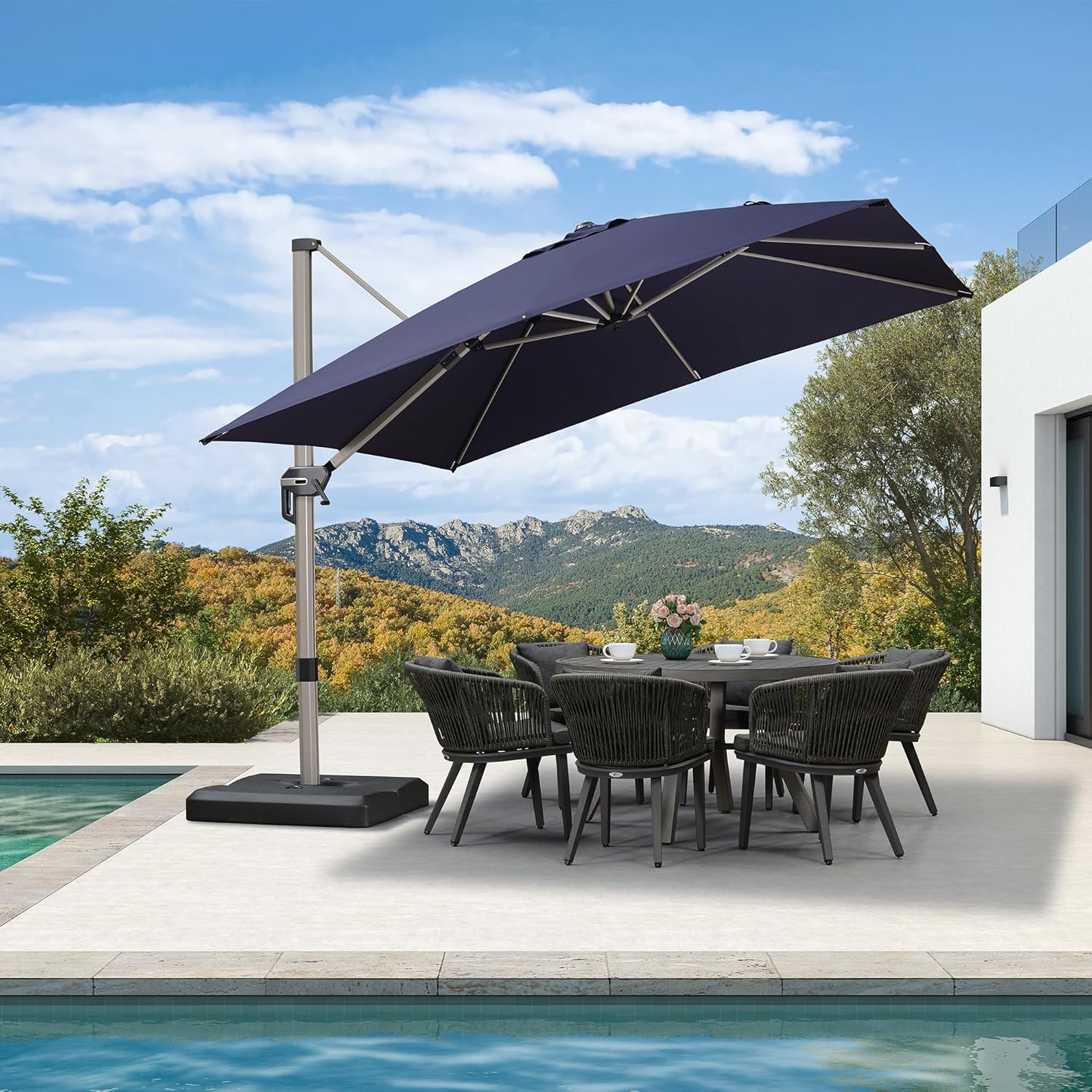 PURPLE LEAF 10’ X 10‘ Patio Umbrella Outdoor Cantilever Umbrella, Aluminum Offset Umbrella with Champagne Frame and 360° Rotation for Pool Deck Garden, Navy Blue