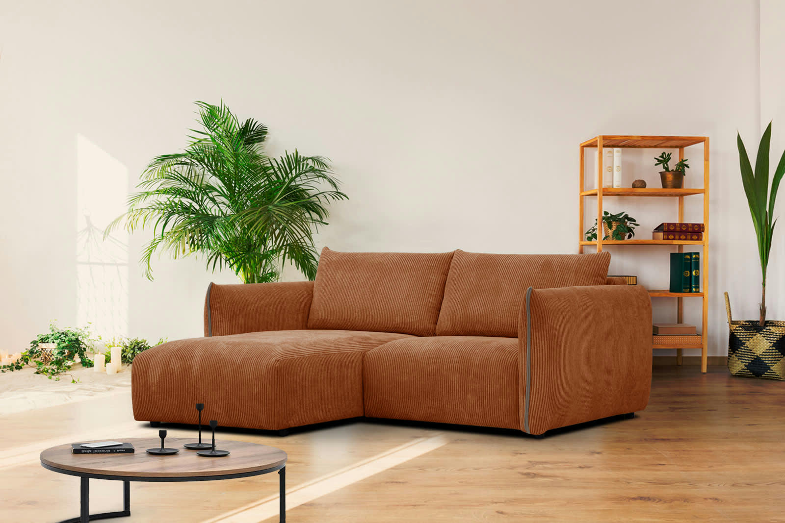 TAUER - Canapé d'angle gauche 3 places tissu marron