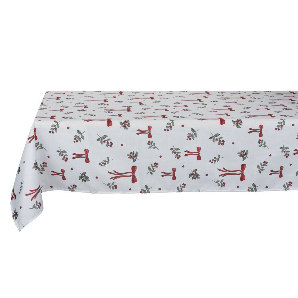 Nappe polyester imprimé noeuds et houx L300X140 cm blanc rouge et vert