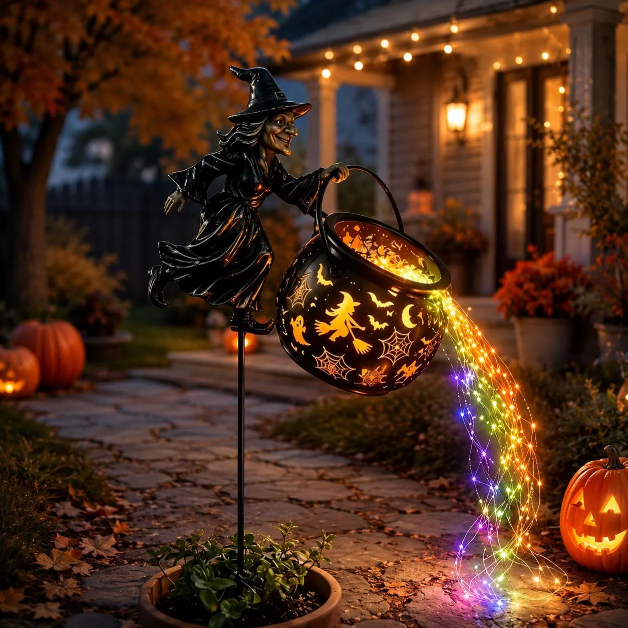 Halloween Witch Cauldron Garden Light Decor Light Solar-Powered Witch Light Bubbling Potion Witch Cauldron Light Outdoor Yard Gift