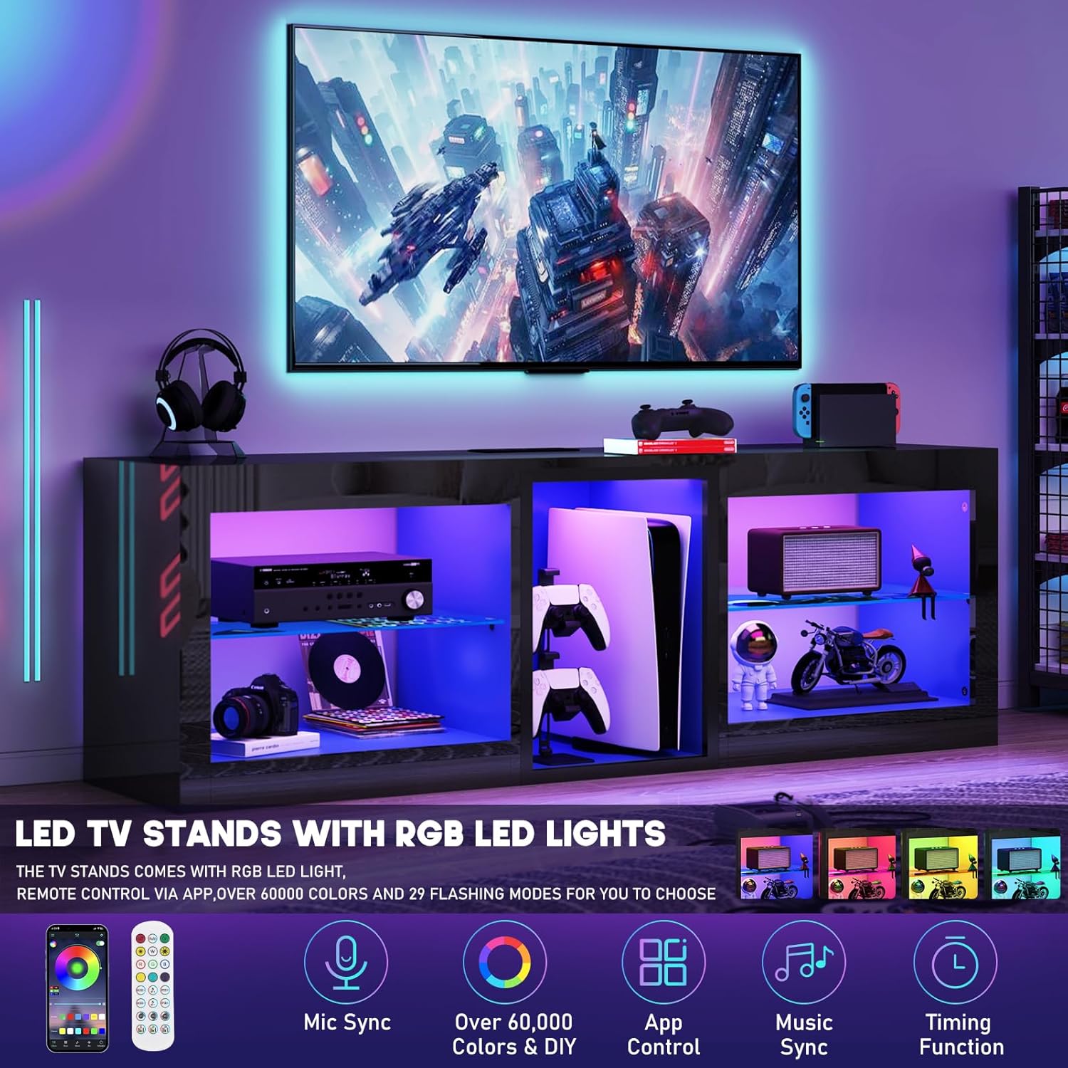 chartustriable LED TV Stands W/Power Outlet for 65 70Inch TV,63 Modern Entertainment Center W/7000-Colors Light for P S 5,High Gloss TV Console w/Adjustable Shelves for Living Room Gameroom(Black)