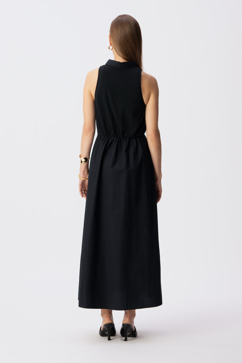Robe longue noire boutonnée bi-matière Femme