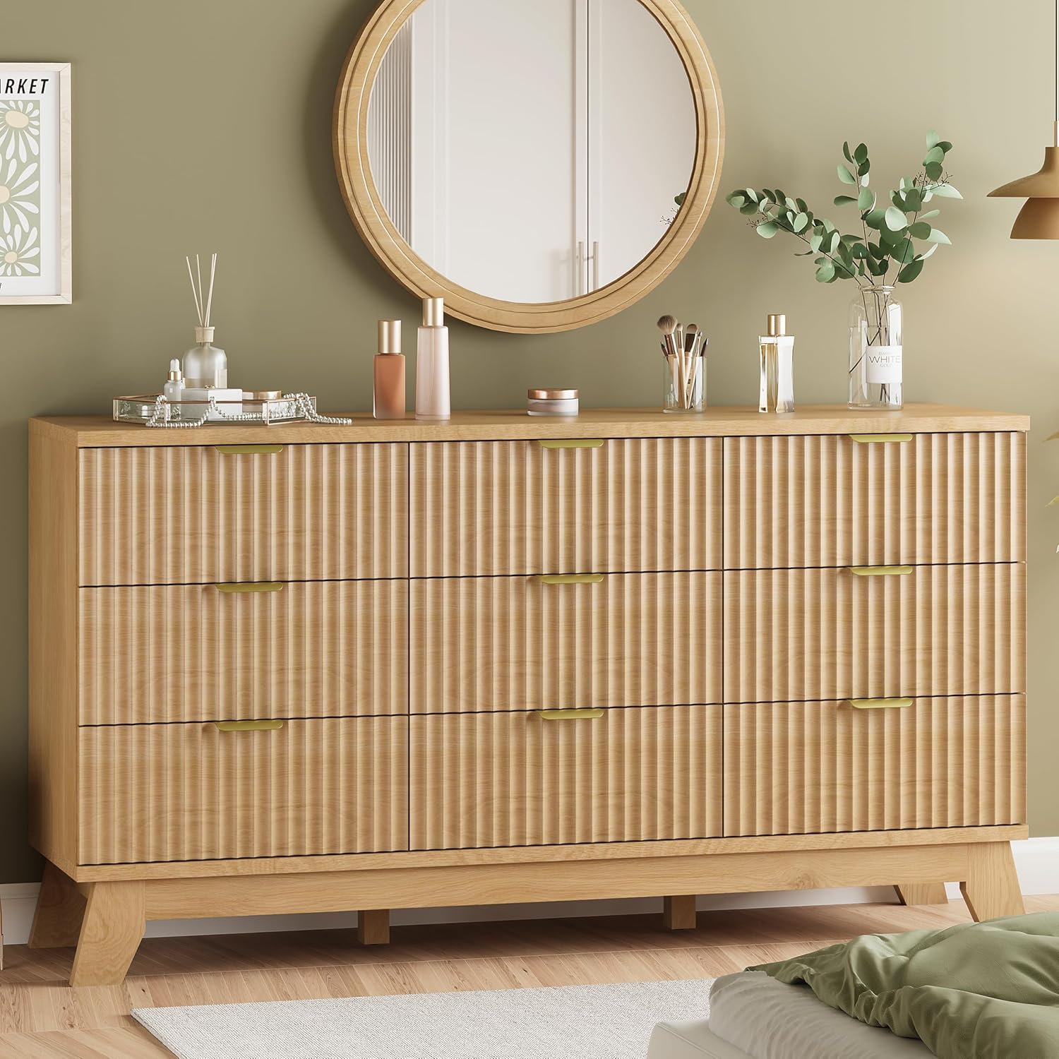 Fluted Dresser for Bedroom with 9 Drawers, 57 Wide Modern Chest of Drawers with Metal Handle, Wooden Dresser TV Stand, Wood Closet Clothes Storage Organizer for Living Room, Hallway, Natural Oak