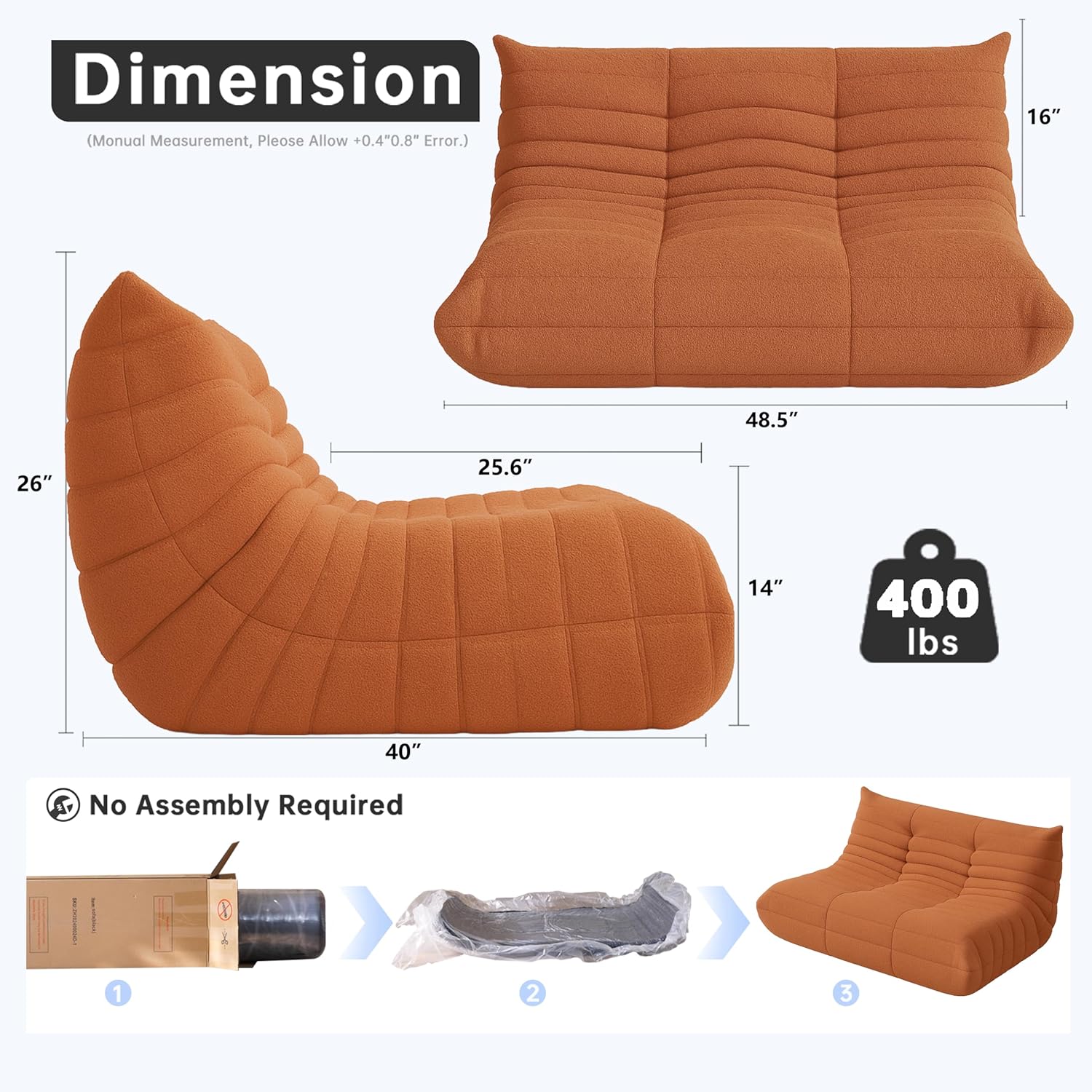 WHGBJA Bean Bag Chairs for Adults, BeanBag Reading Chair Memory Foam Couch, Floor Chair Soft Teddy Material (Orange, Loveseat)