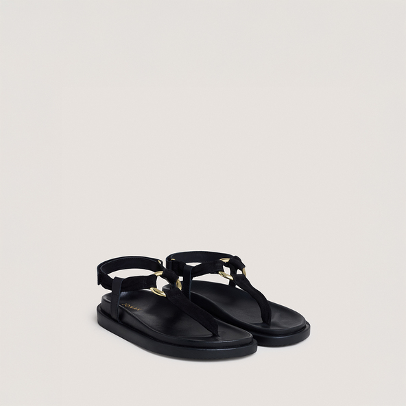 Sandales à brides et détails rondsen velours et cuir noirs | WILIANA