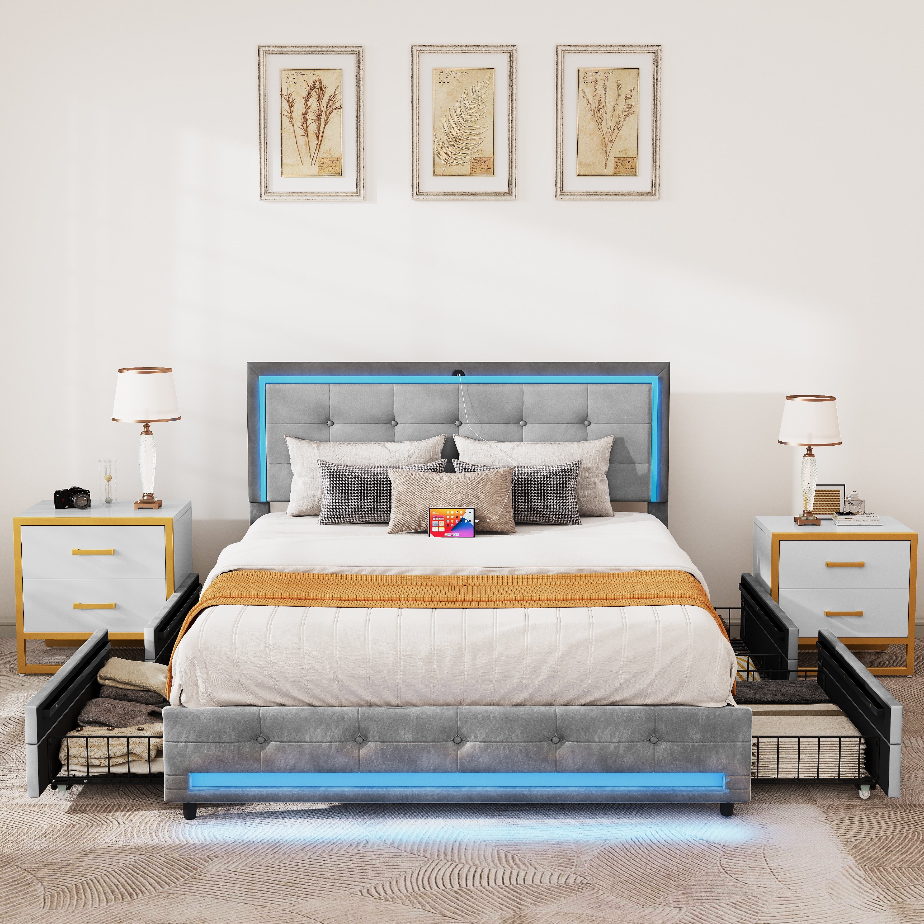 Queen Grey Platform Bed Frame with 4 Storage Drawers and LED Lights & Adjustable Headboard