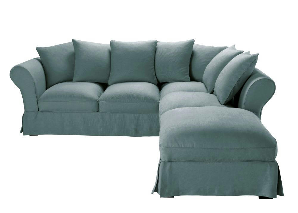 Roma - Housse de canapé d'angle convertible (6 cm) en lin froissé bleu céladon