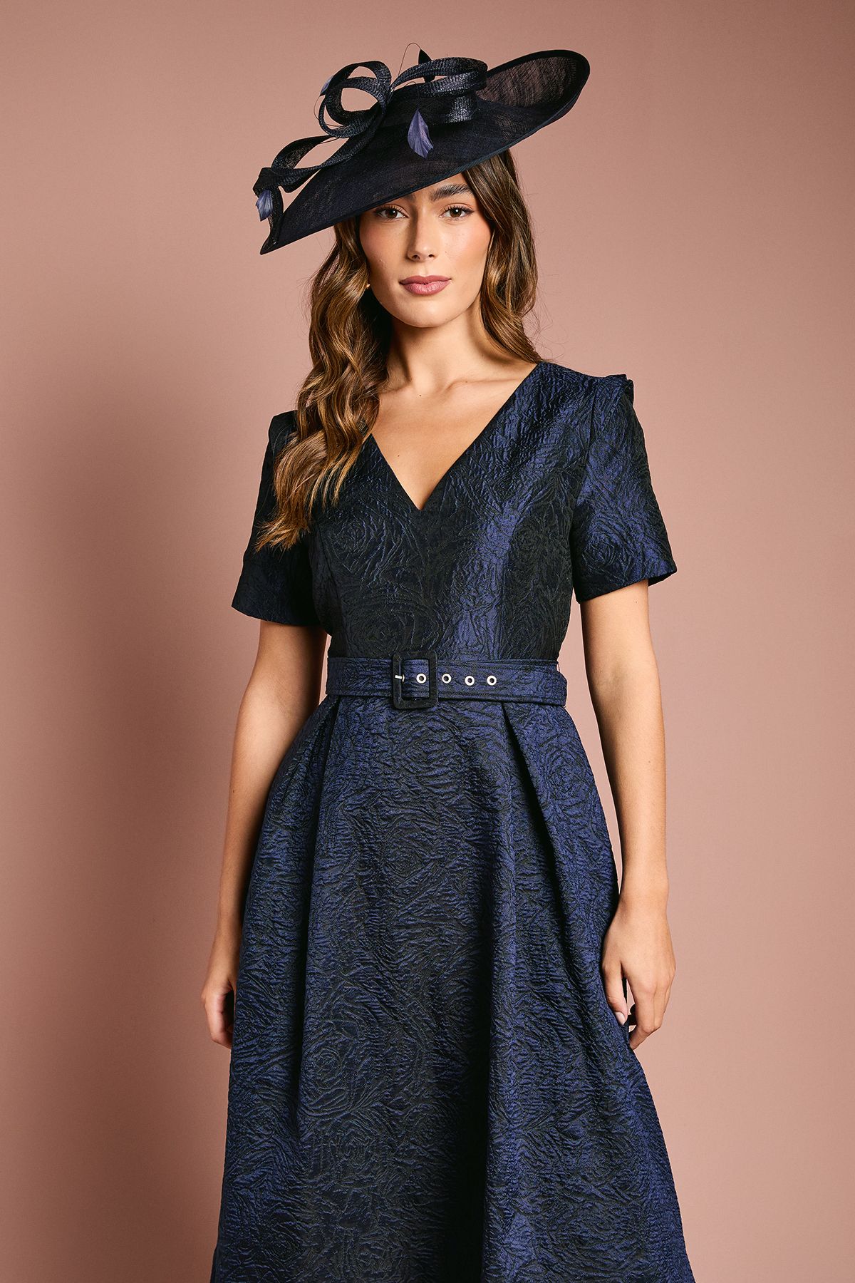 Coast Short Sleeve Jacquard Midi Dress With Belt