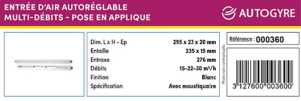 Entrée d'air avec moustiquaire multi débit Autogyre blanche 29,5 cm