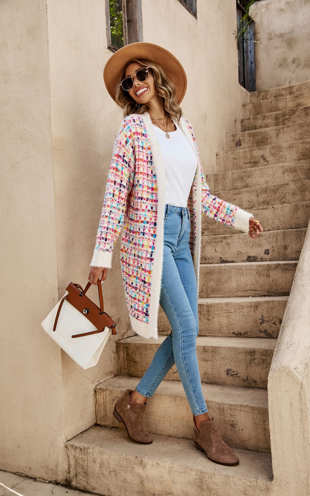 FS Collection Cream Boucle Check Cardigan In Rainbow Multicolour Speckles