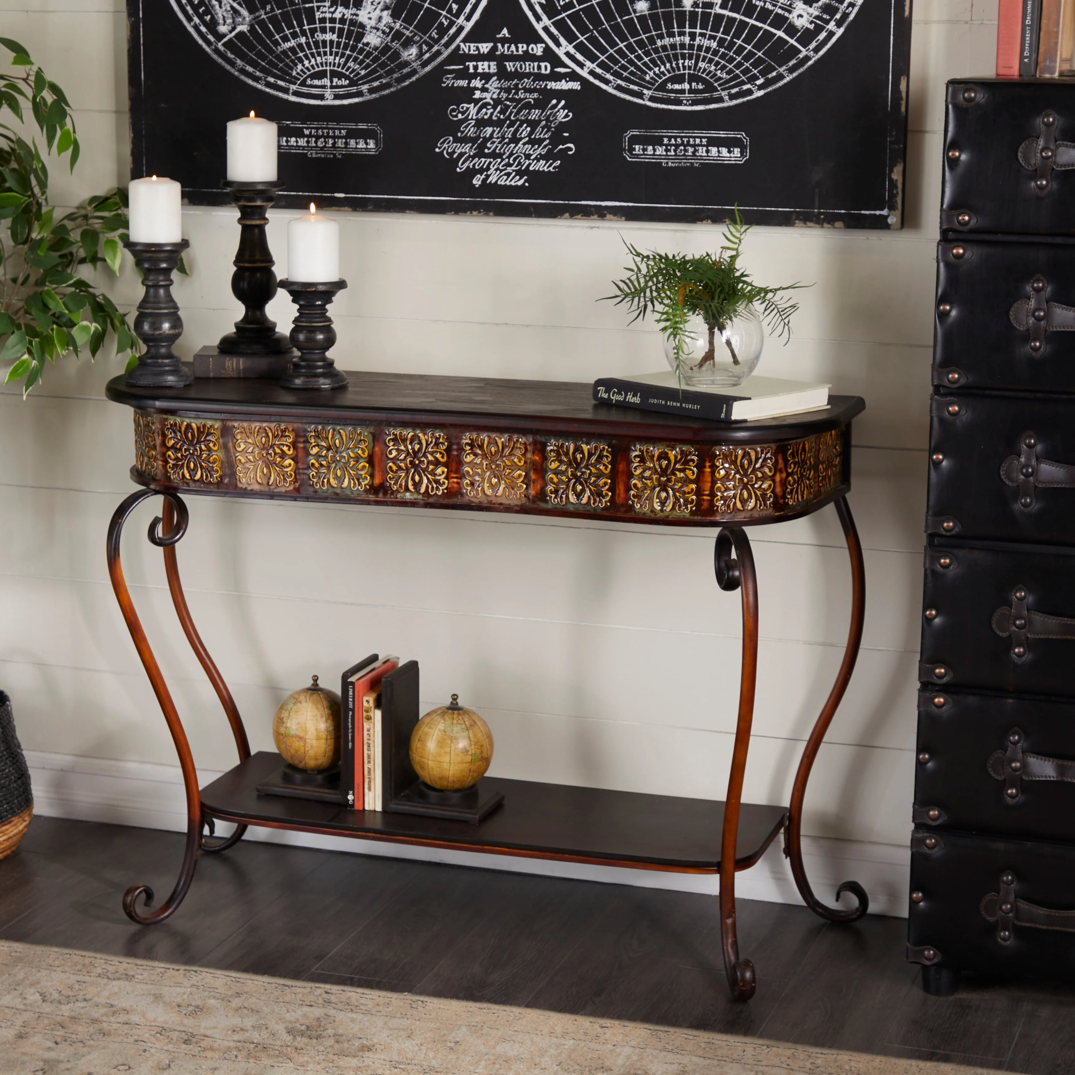 Metal Floral Embossed 1 Shelf Console Table with Ornate Scroll Legs - Brown - Roche River Decor - 14Wx43Lx32H