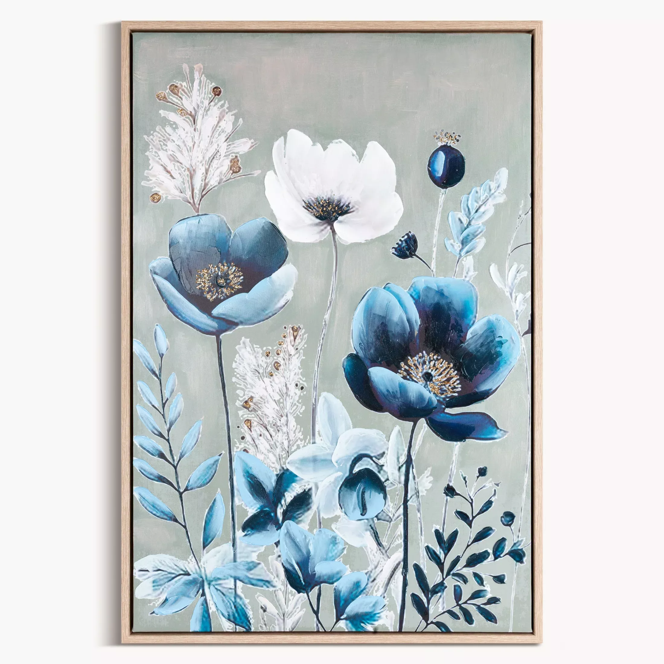 Obraz niebiesko, biały nadruk na płótnie w kwiaty 60x90 cm