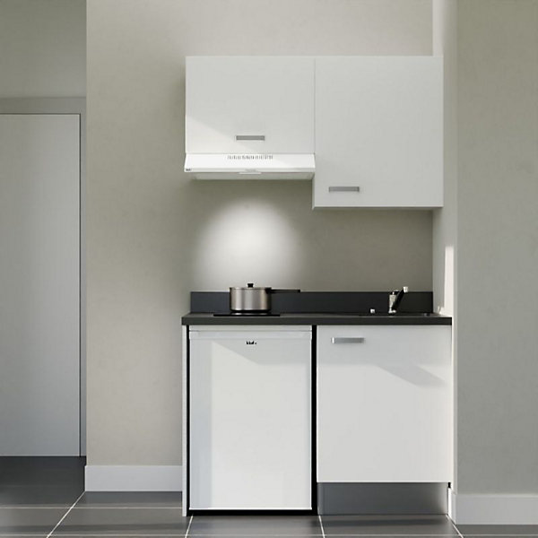 Kitchenette K01 - 120 cm - façades Blanc - Plan monobloc en quartz coloris Nero évier à droite - Electroménager Blanc