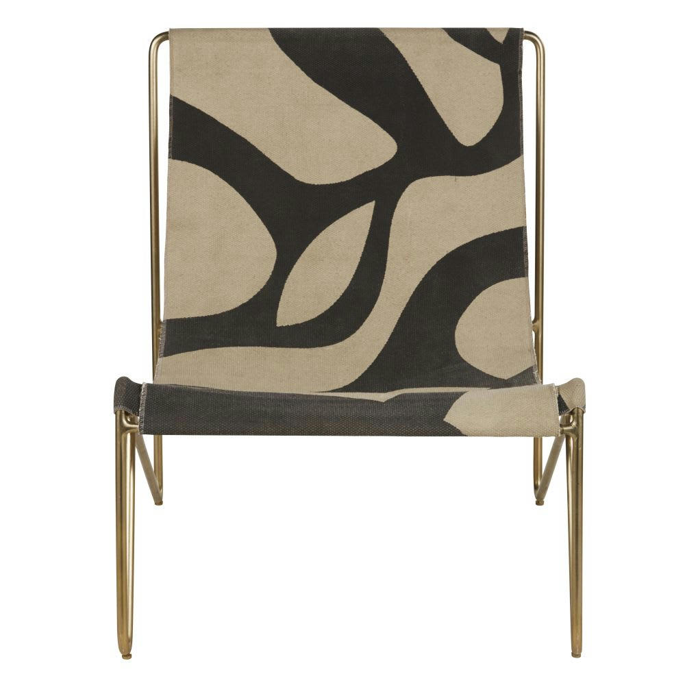 Kouba - Fauteuil en coton imprimé noir et beige et métal finition laiton
