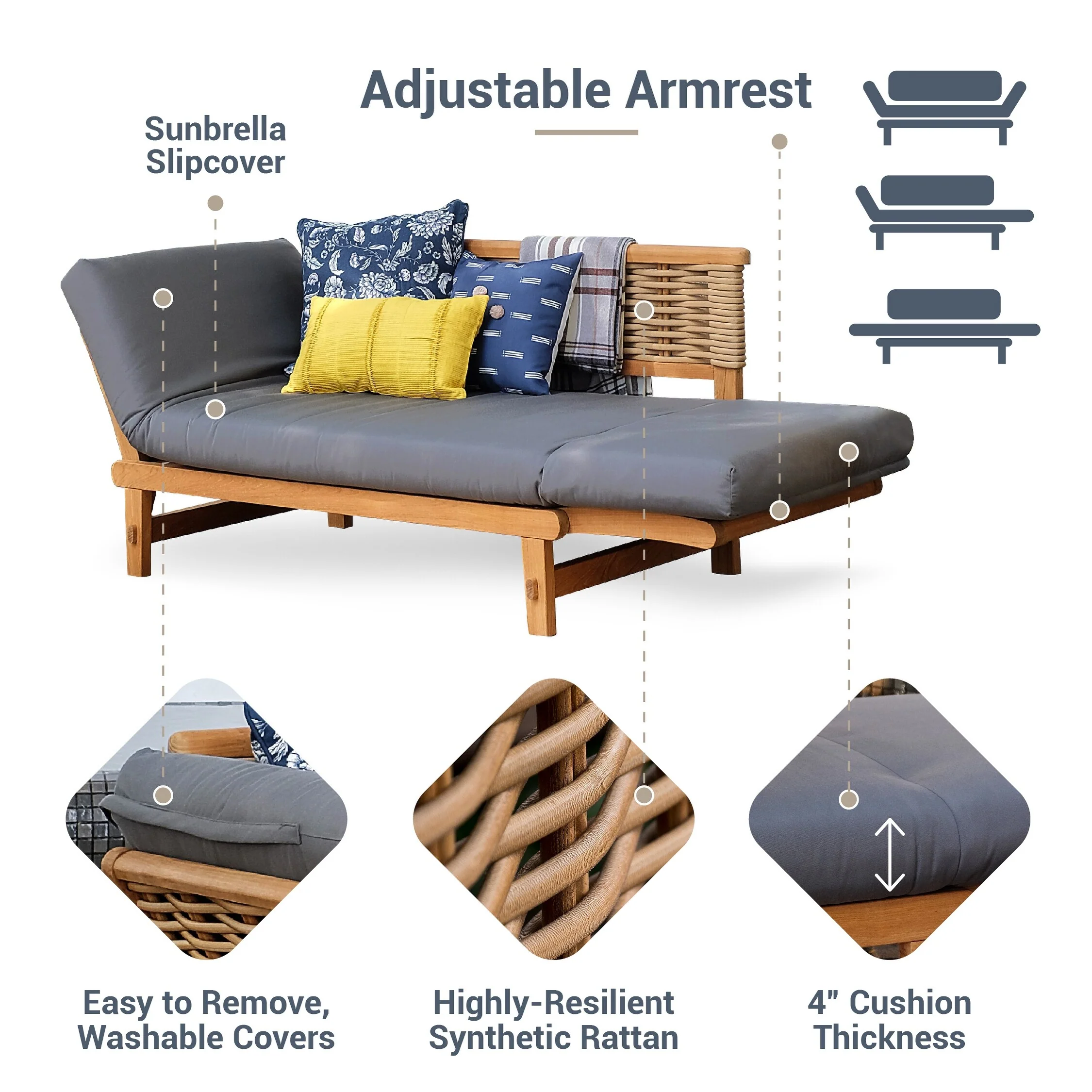 Cambridge Casual Auburn Teak Outdoor Sofa Daybed with Sunbrella Cushion