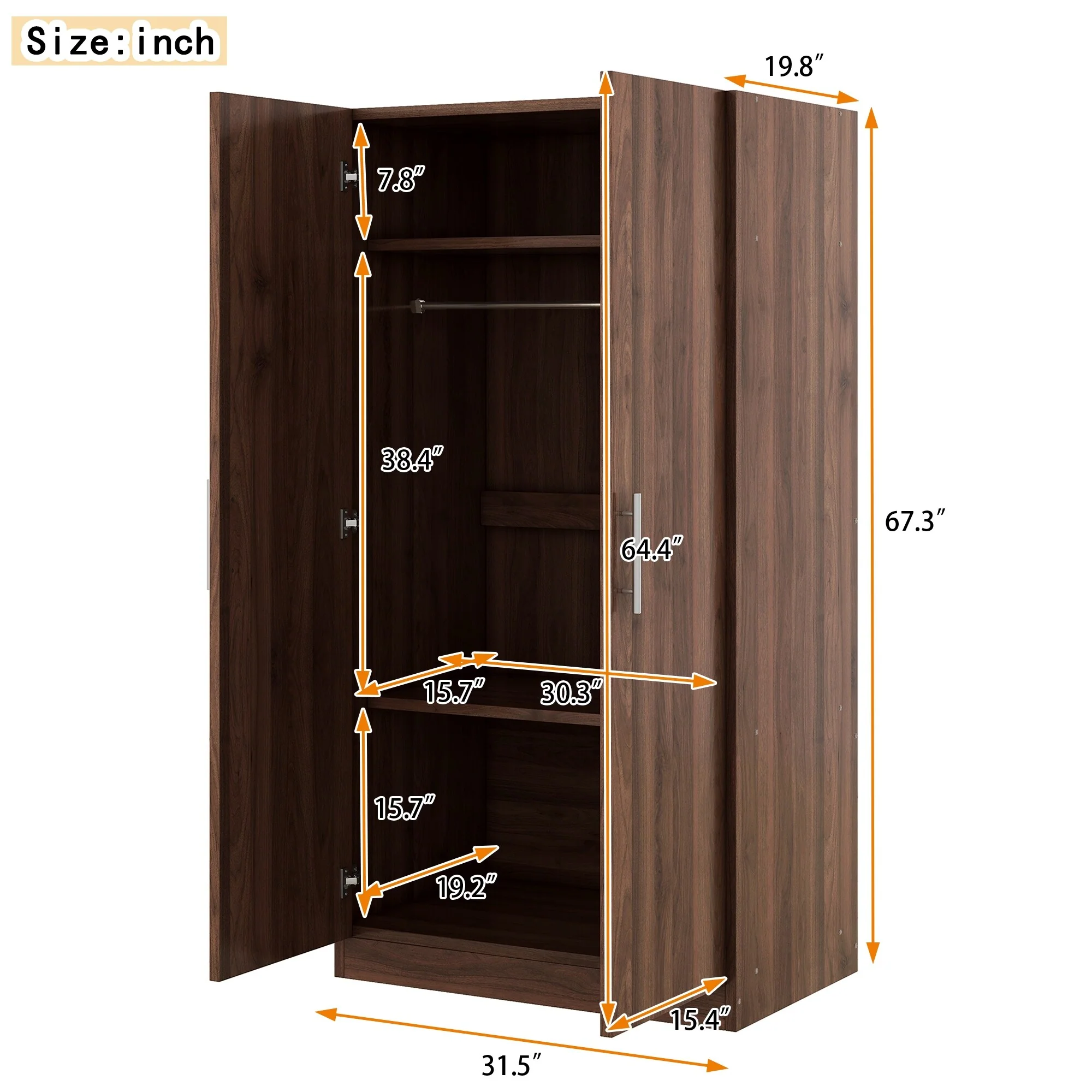 Brown 2 Door Wooden Wardrobe Armoire with 3 Storage Shelves