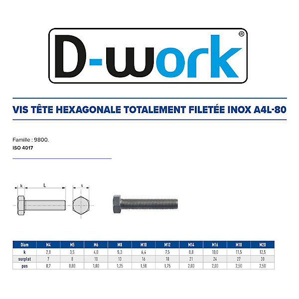 100 Vis Métaux Tête Hexagonale F/Total 5 x 40 mm - DIN 933 - Inox A4L80 - D-Work