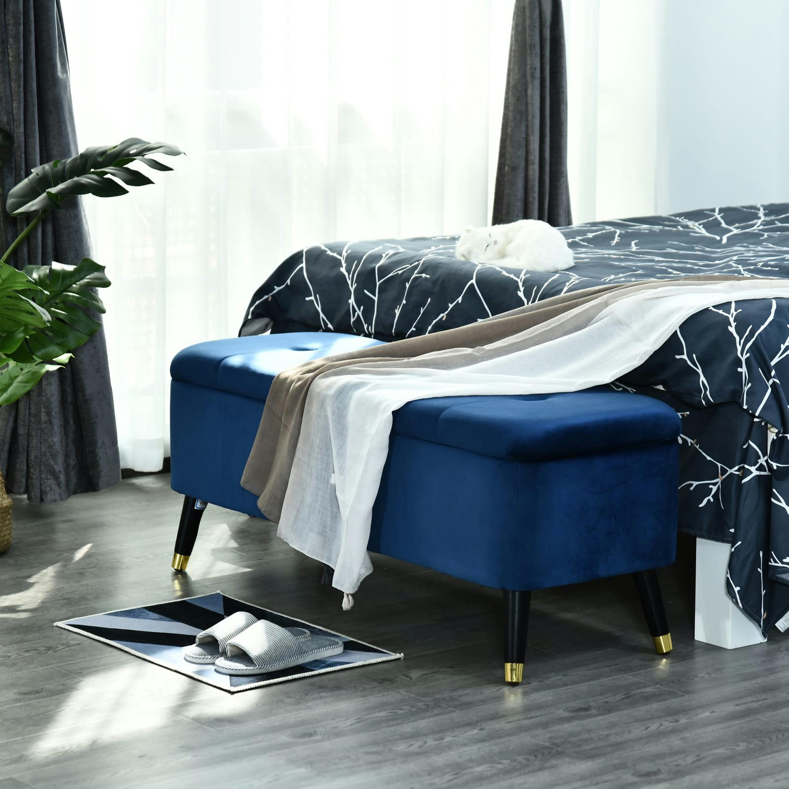 - Banc coffre de rangement 2 en 1 velours capitonné bleu roi