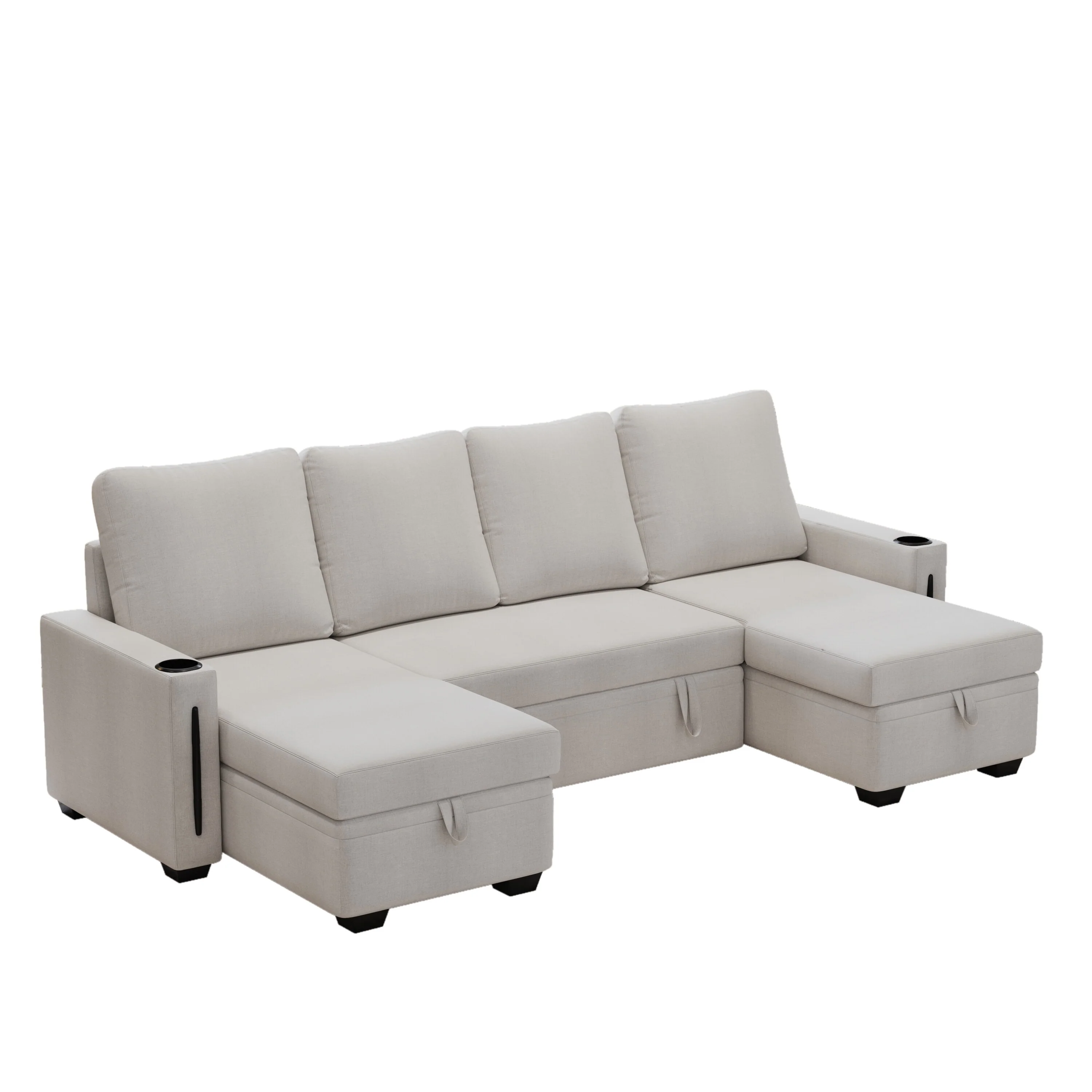 Contemporary U Shaped Sleeper Sectional Sofa with Storage Chaise and Cup Holders for Living Room or Guest Room