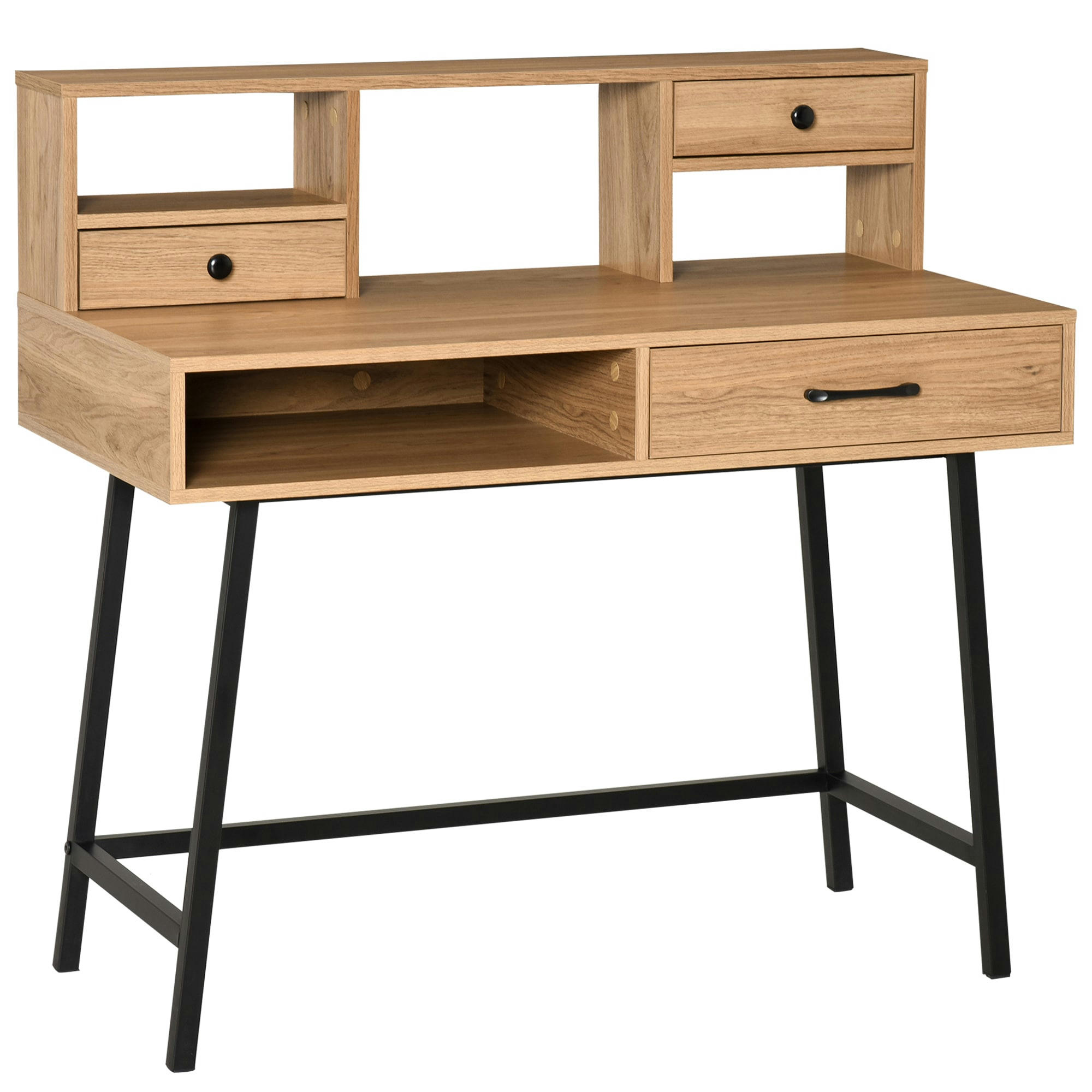 - Bureau secrétaire industriel 3 tiroirs 3 niches métal noir aspect bois