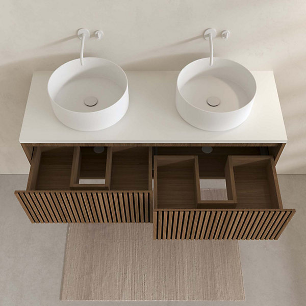 Meuble Salle de Bains 120 2 Tiroirs Décor Chêne et Noir - Vasques et Plan Blancs - Miroirs Ovales