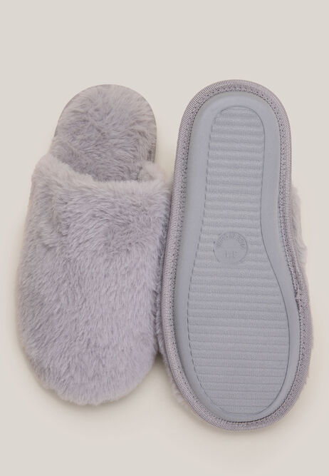 Womens Grey Faux Fur Fluffy Mule Slippers