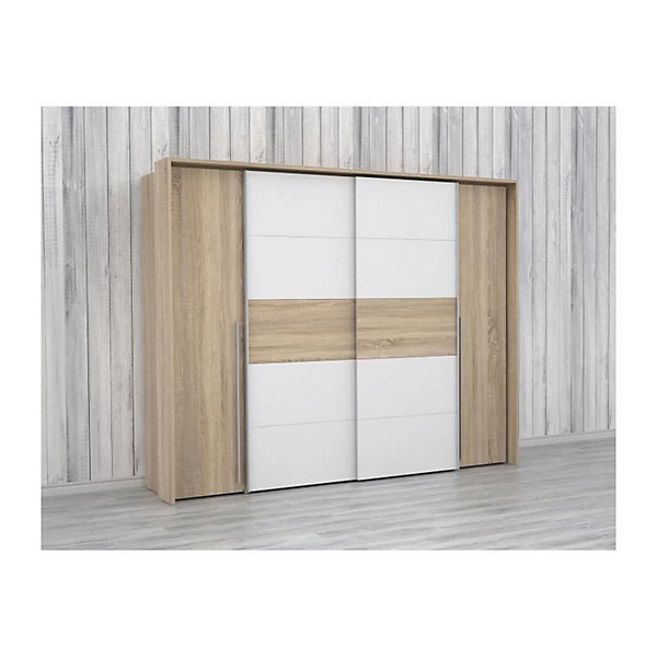 Armoire NARAGO - Décor Chene Sonoma et blanc mat - 2 portes coulissantes   2 portes battantes - L270 x P61 x H210 cm