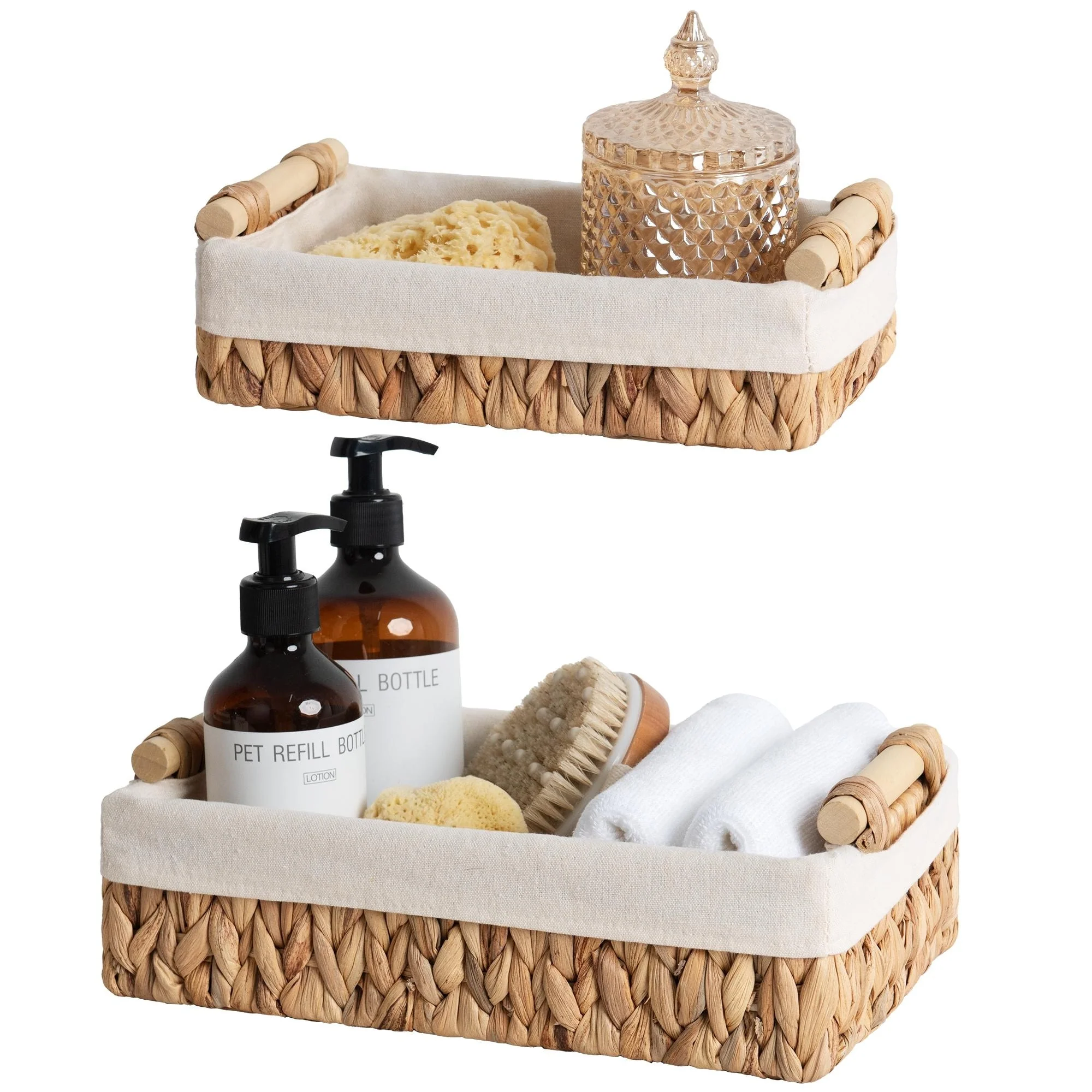 2-pack Natural Wicker Baskets with Liner and Handle, Storage Basket for Bathroom, Living Room, Kitchen - 3.25D x 12W x 7.75H