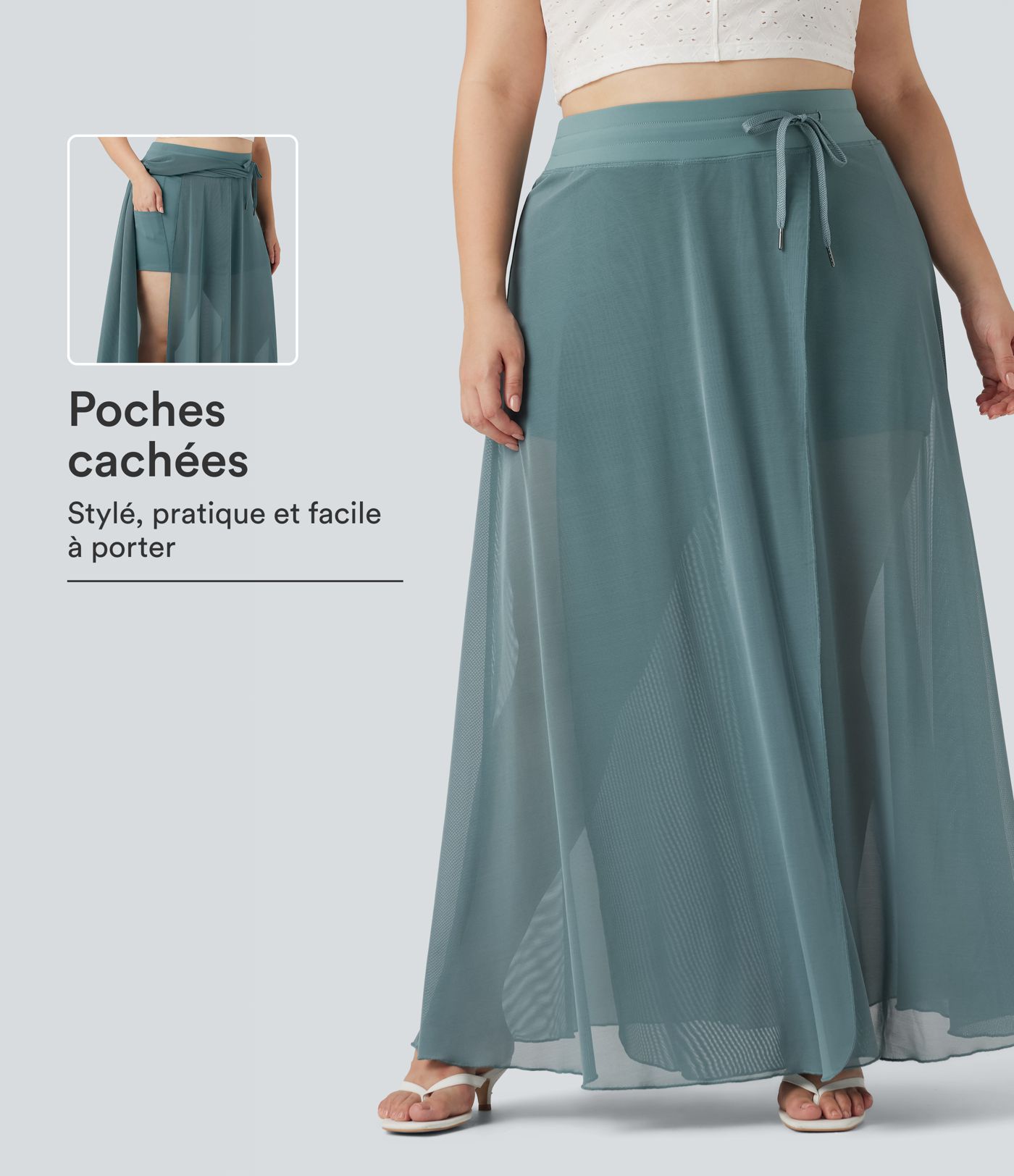 Jupe longue fluide grande taille 2-en-1 mesh contrastant taille haute avec cordon de serrage et poches