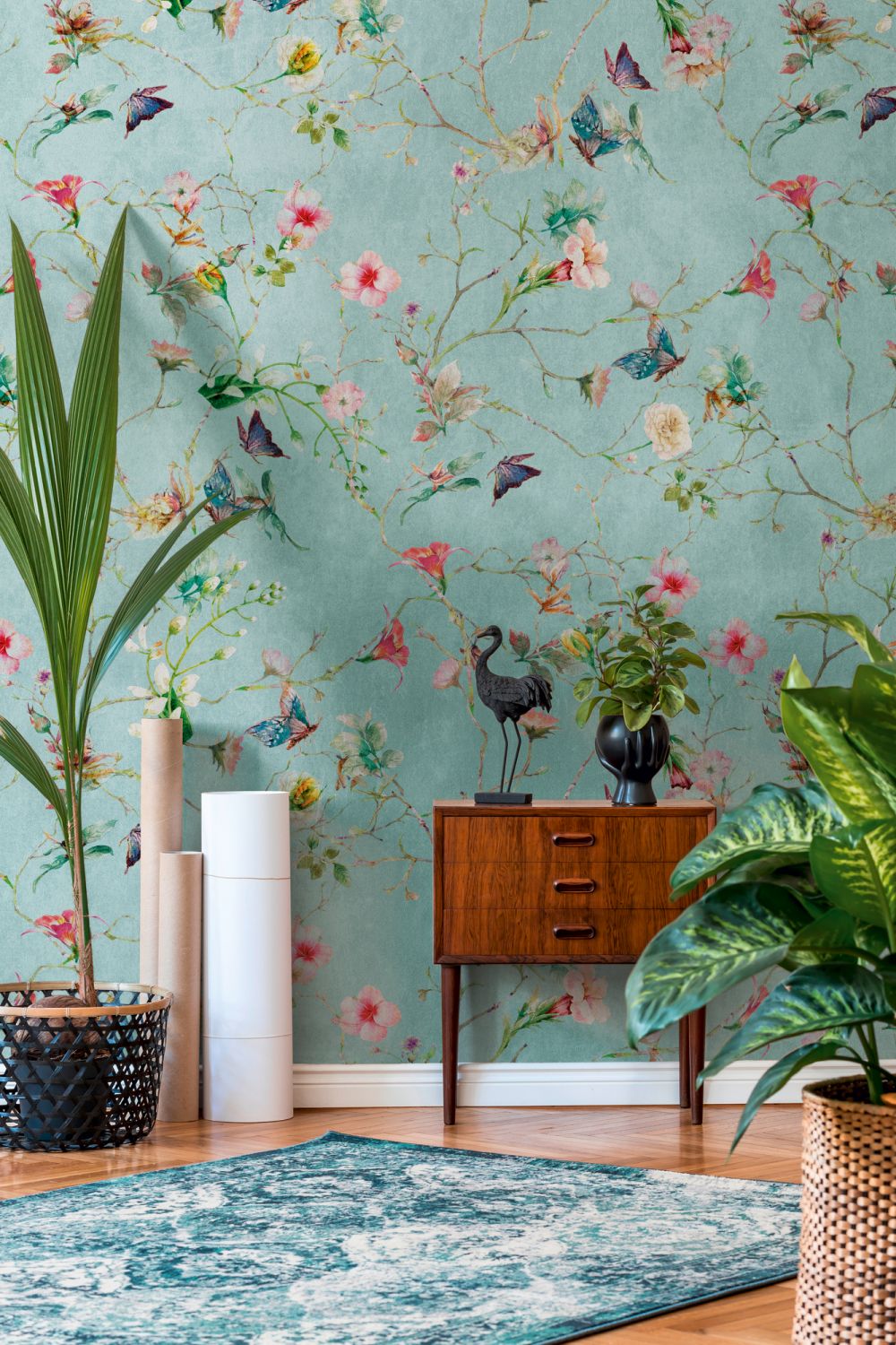 One Wall one Role fotobehang Vintage Landscape turquoise, groen, roze, blauw en geel - 159 x 280 cm - AS-382681