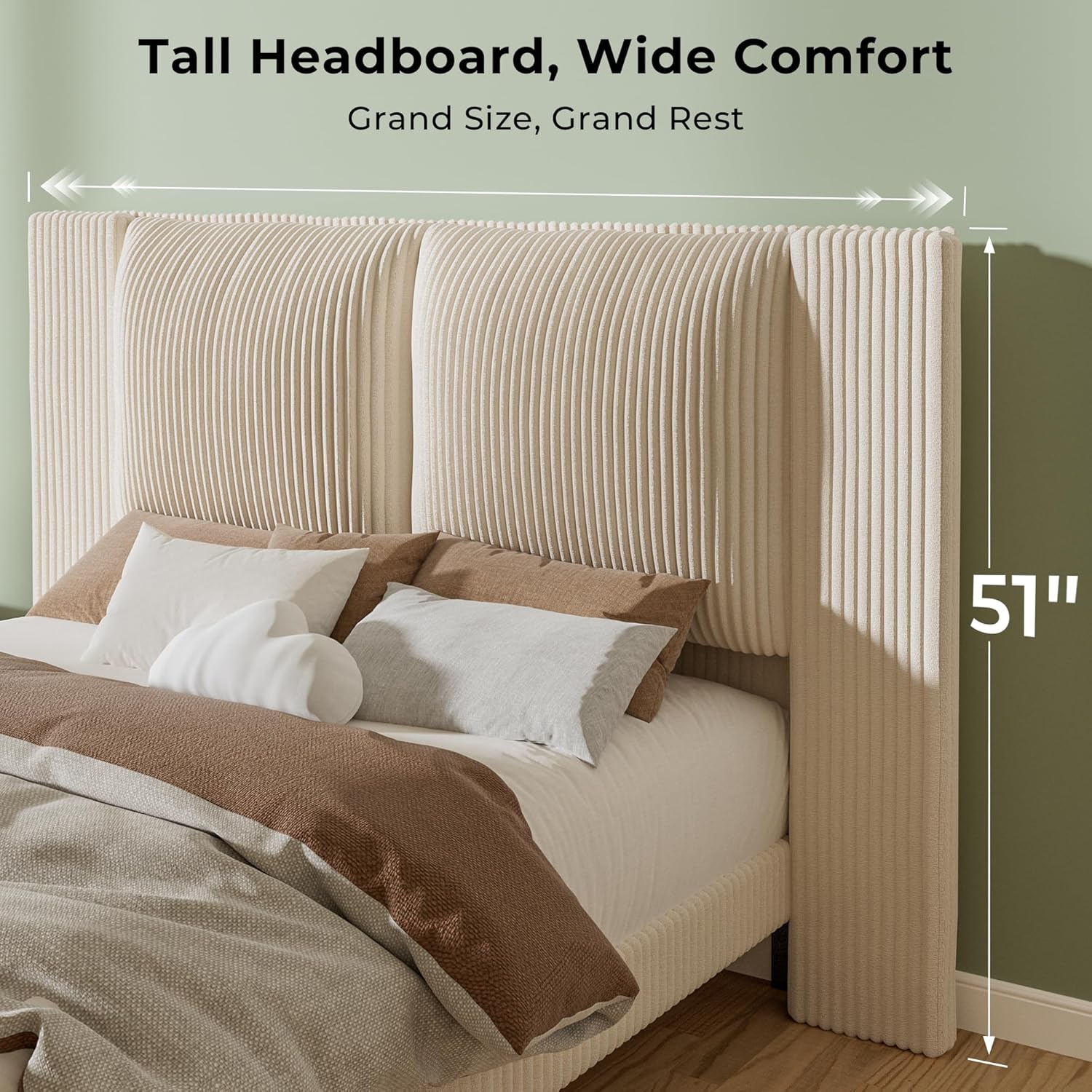 Full Upholstered Bed Frame with 51 Tall Headboard & Widened Corduroy Cushion, Easy Assembly, No Box Spring Needed, Cream
