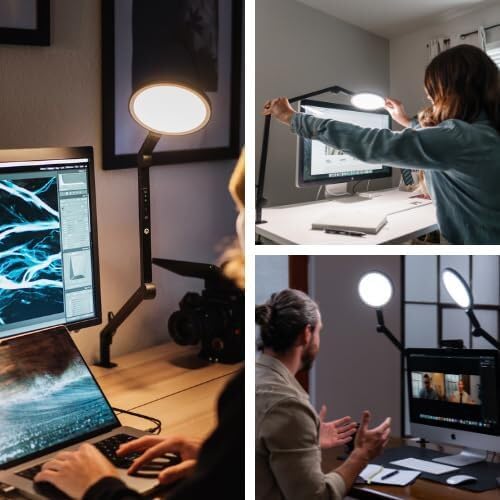 LUME CUBE Edge 2.0 LED Desk Lamp | Dimmable Home Office Desk Light with USB Charging Port & Strong Swing Arm | Adjustable Color Temperature and Brightness | Circle Webcam Light - Black