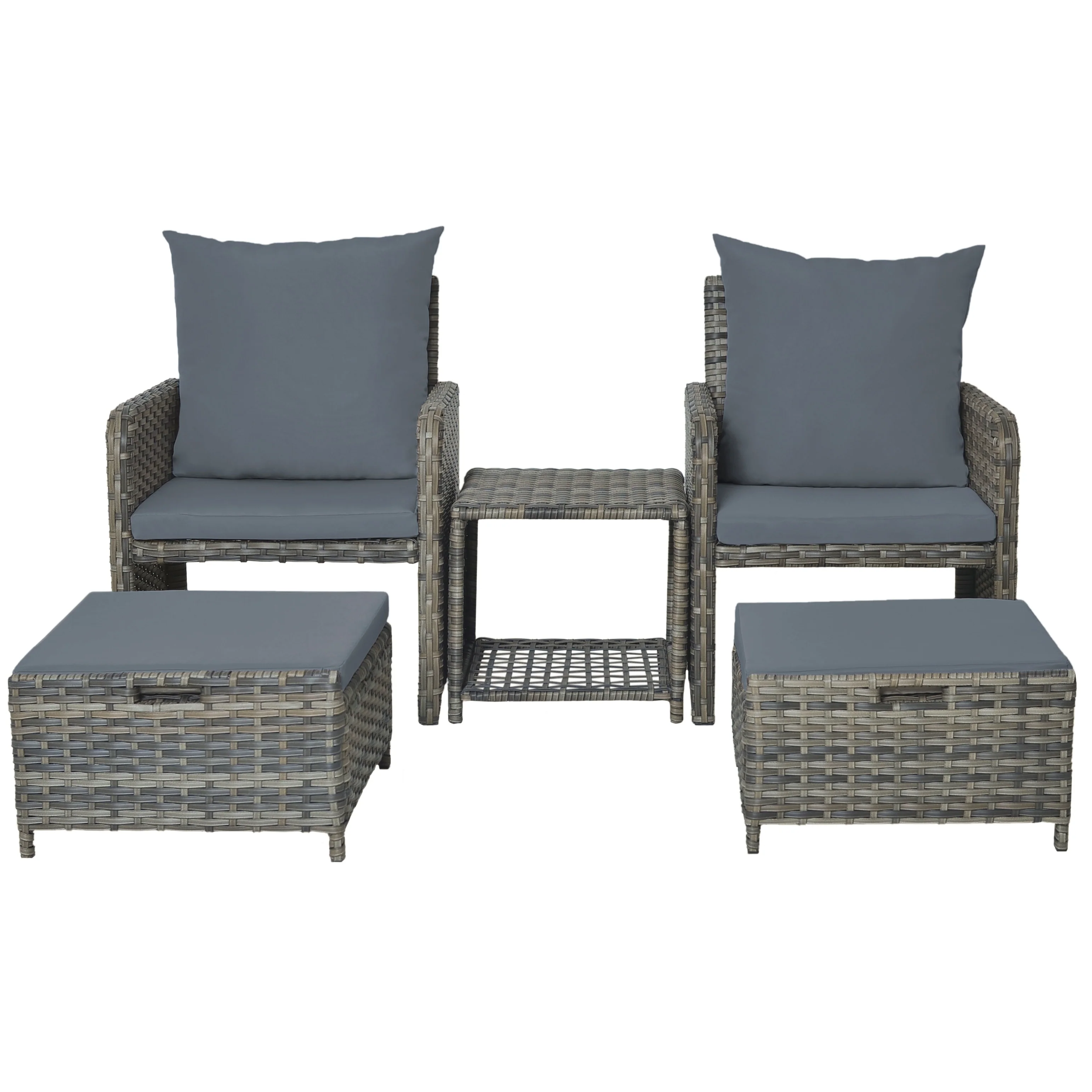 5-Piece PE Rattan Outdoor Patio Set with 2 Chairs, 2 Ottomans, Coffee Table