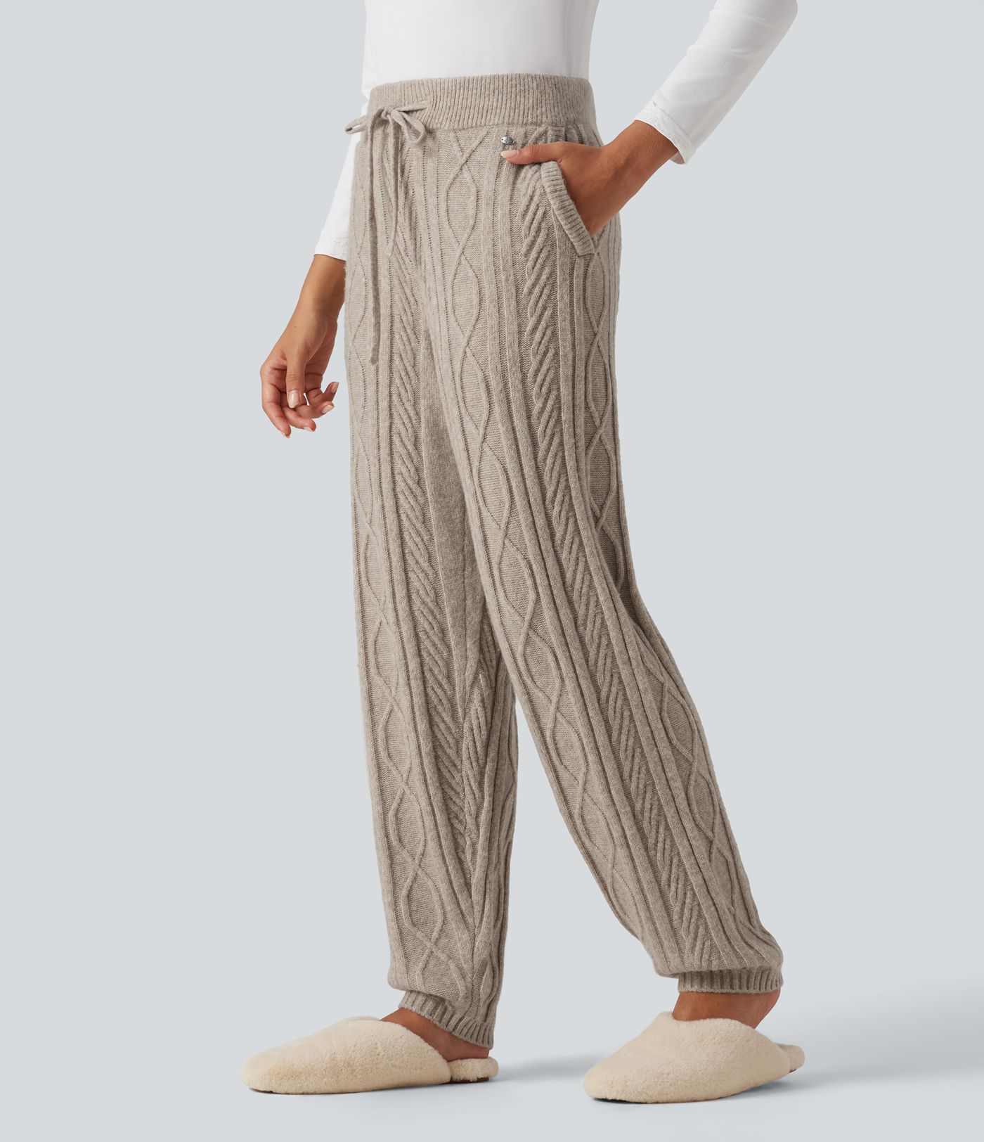 Pantalon de détente en maille torsadée taille haute avec cordon de serrage et poches