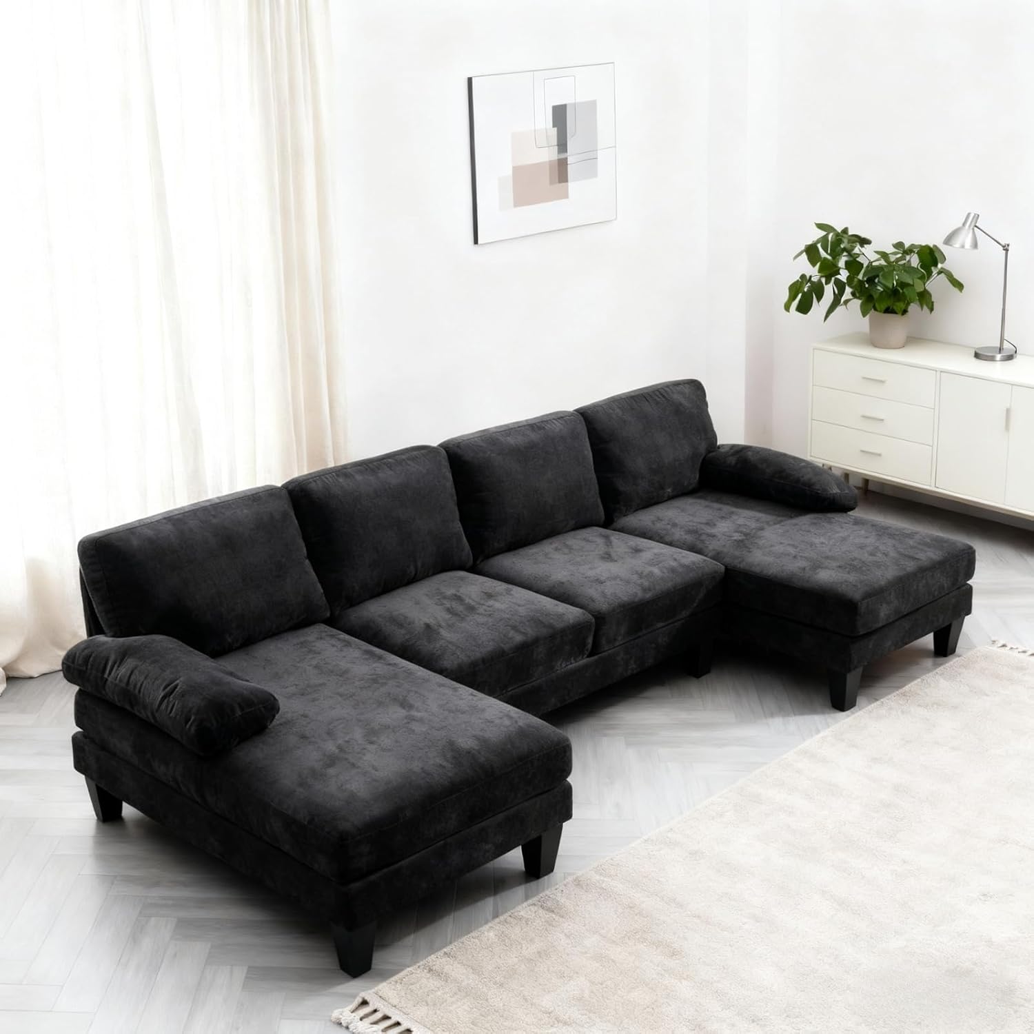 Karl home 111 Sectional Sofa U-Shaped 4-Seat Couch with Chaises Wood Grian Legs Chenille Fabric Upholstered for Living Room, Apartment, Office, Black