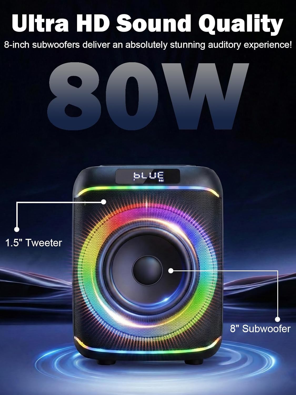 Portable Speaker, 80W Outdoor Speakers with Rich Bass, RGB Lights, Colorful Light, TWS Pairing, EQ, Outdoor Speakers for Home Party Gift (Black)