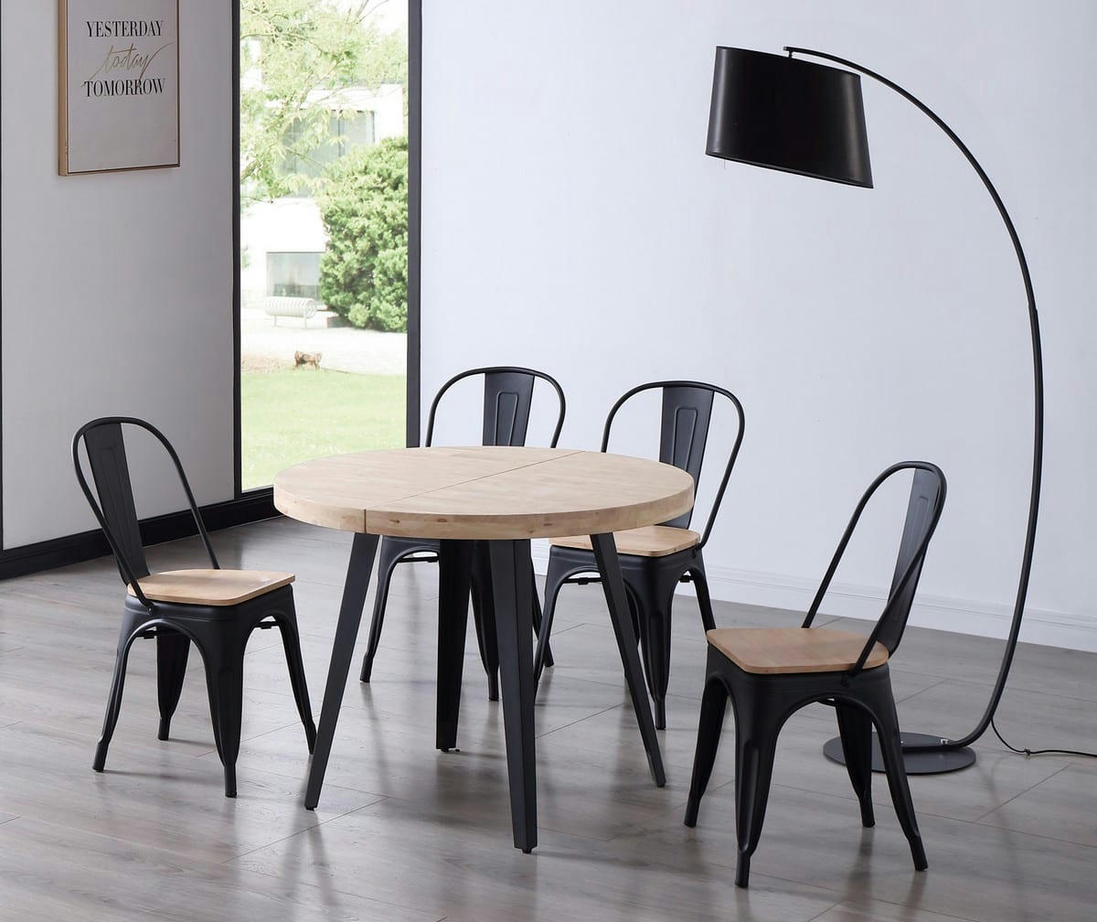 MATIKA - Table repas ronde extensible bois et acier noir