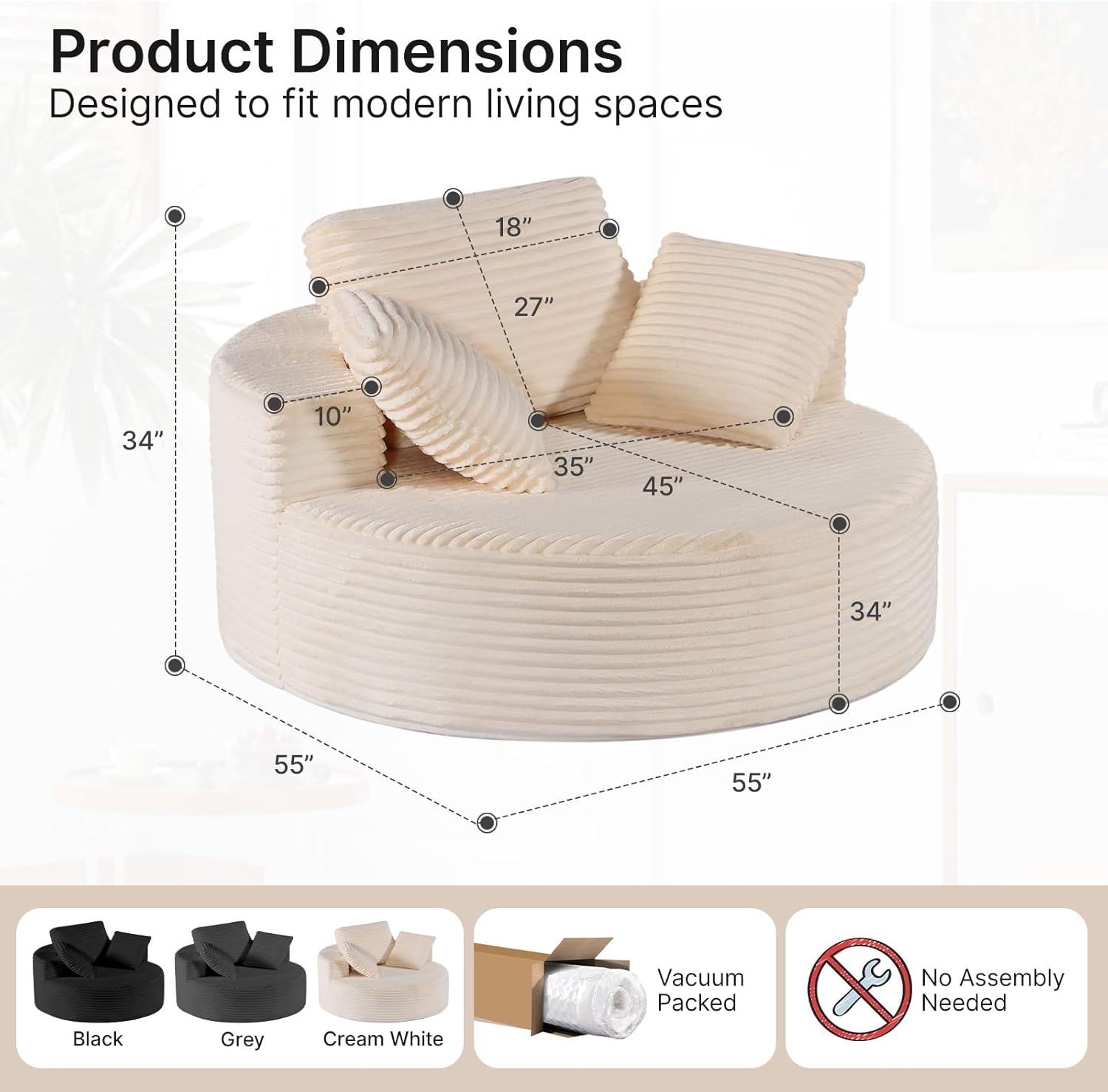 55-inch Corduroy Sofa Oversized Round Chaise Lounge Chair Indoor No Installation & Easy to Transport Modern Upholstered Corduroy