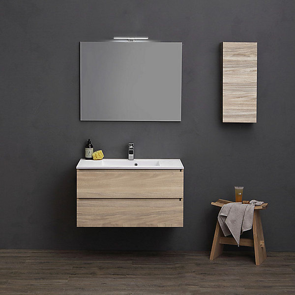 Meuble De Salle De Bain Suspendu 90Cm Avec 2 Tiroirs Et Une étagère En Chêne Naturel - Valentina