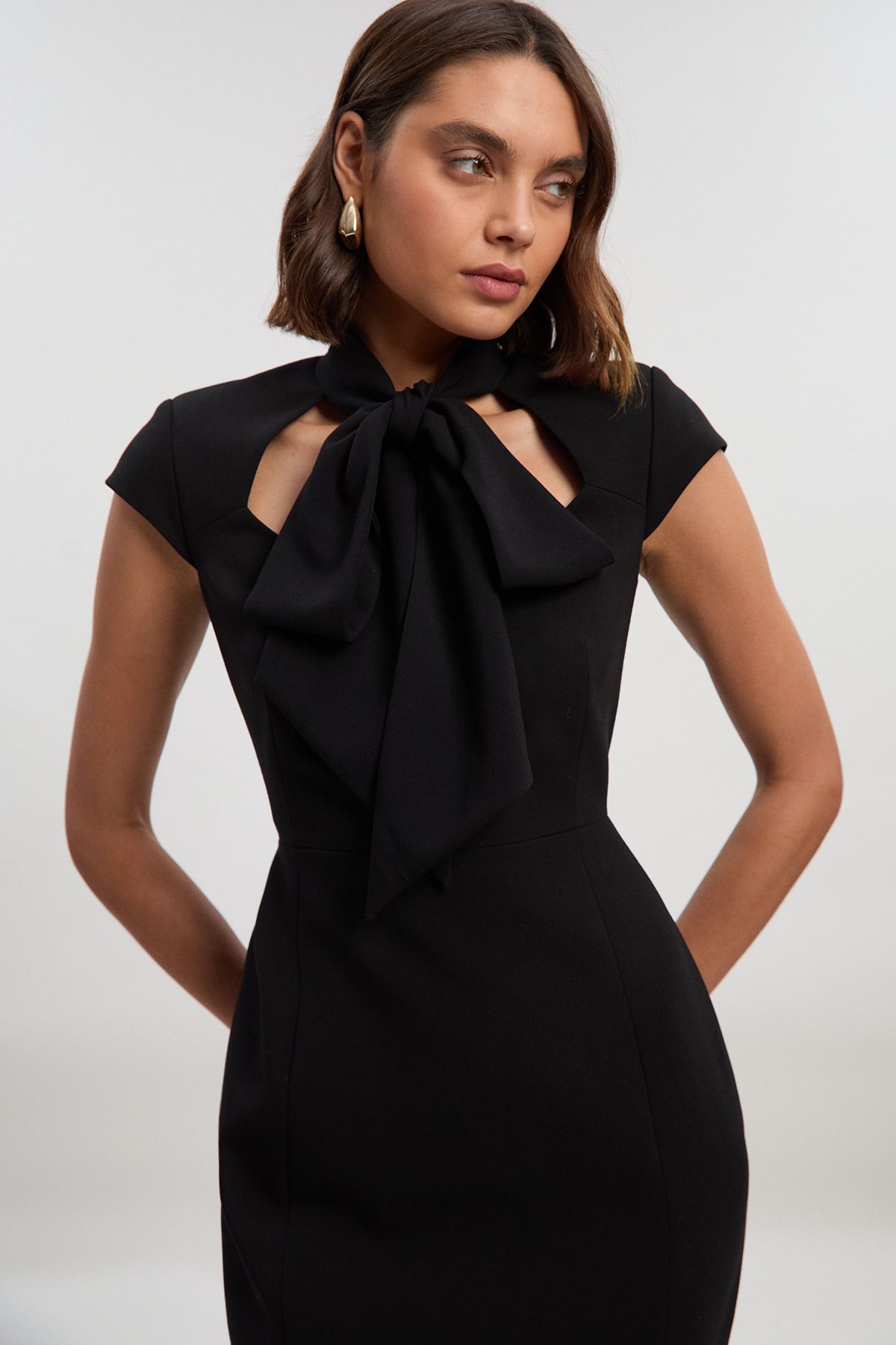 KarenMillen Compact Stretch Bow Tie Neck Tailored Pencil Midi Dress