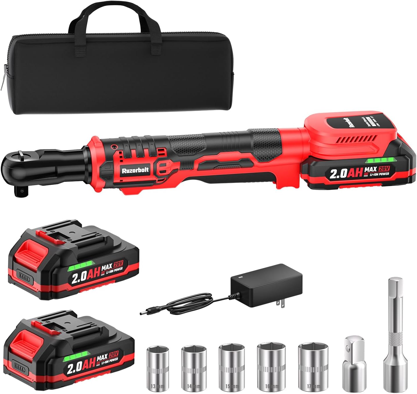 20V Cordless Ratchet Wrench 3/8 Set, 88 Ft-lbs(120N.m), 500 RPM, Electric Ratchet Wrench with 2PCS 2000mAh Batteries, Variable Speed, LED Light, 5 Sockets, 1/2 Adapter, 3 Extension Bar