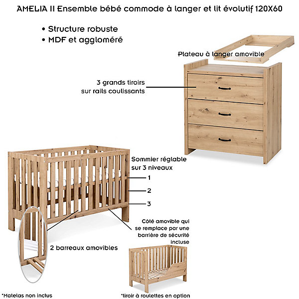 AMELIA II Ensemble bébé commode à langer et lit évolutif 120x60 Chêne sans tiroir
