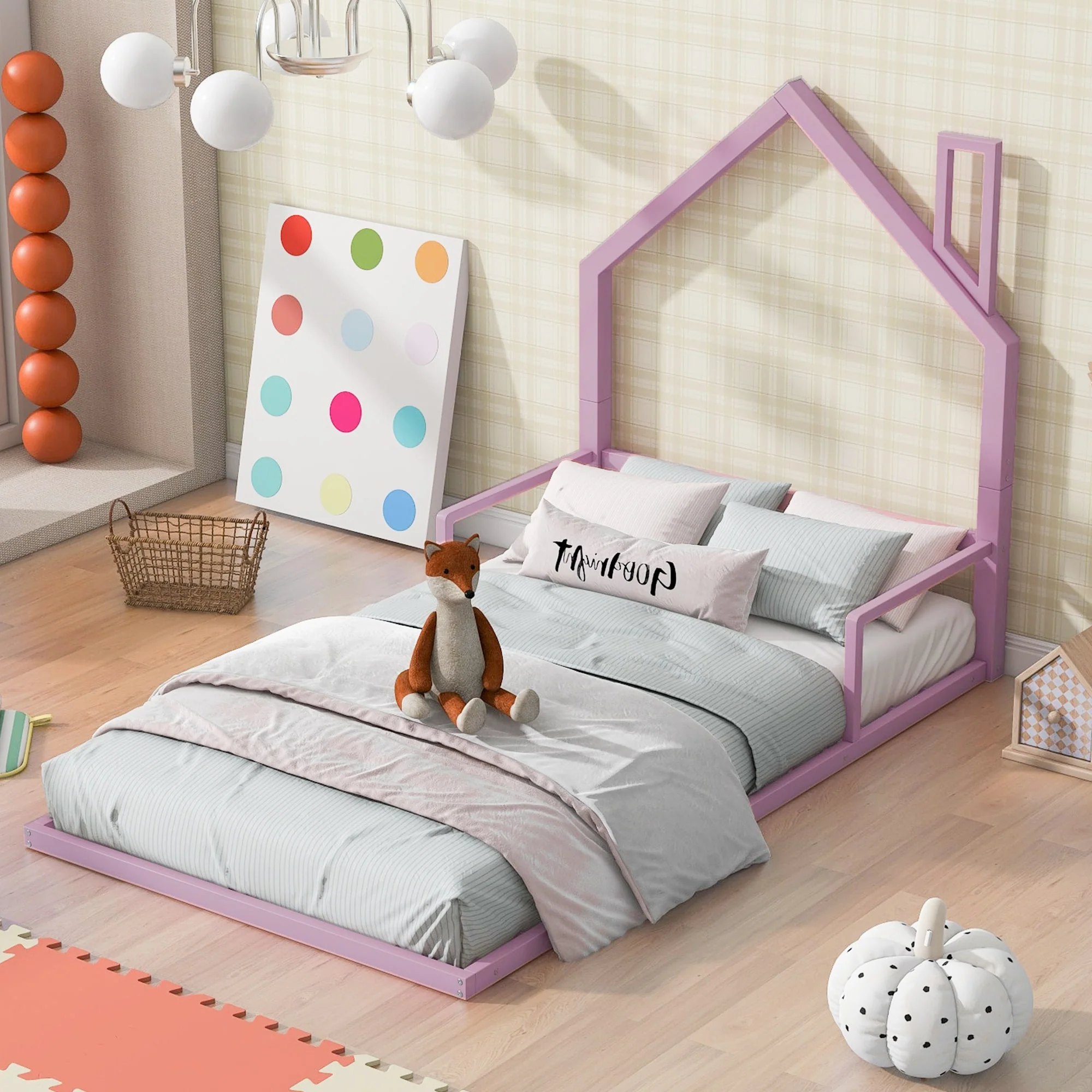 Kids Metal Twin Floor Bed with House-Shaped Headboard and Sturdy Frame