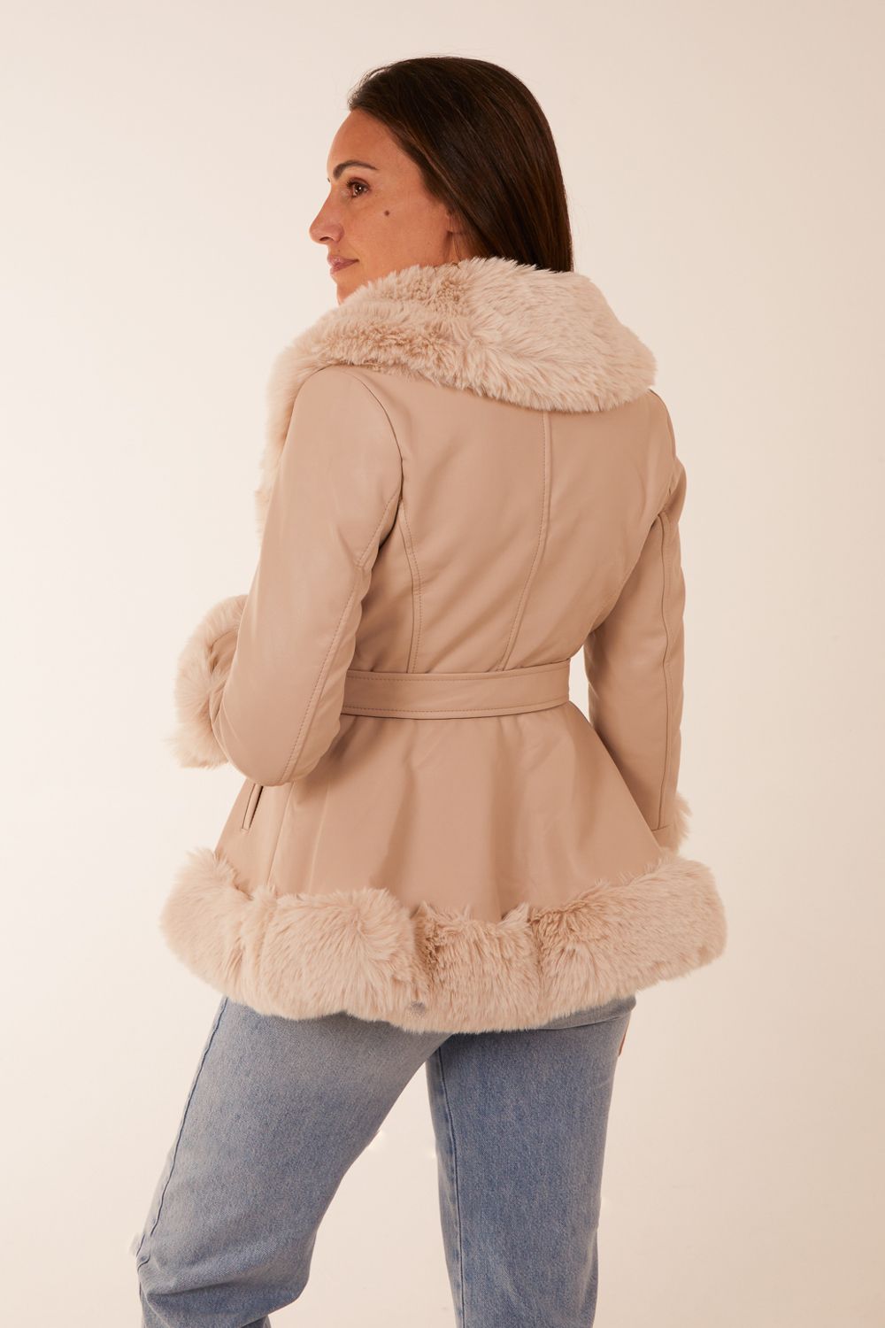 Blue Vanilla Faux Fur PU Coat With Belt